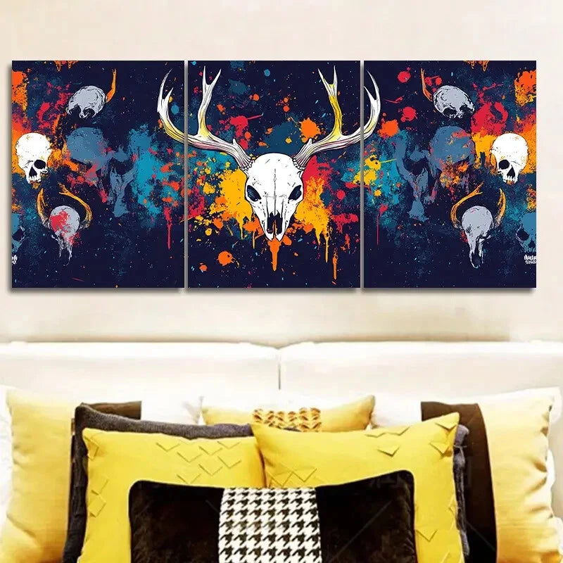 3-Piece Skull and Bison Horn Wall Art Set - Framed Canvas Prints 40x60cm - High Quality Australian Made Wall Decor - Ready to Hang for Living Room, Bedroom or Office