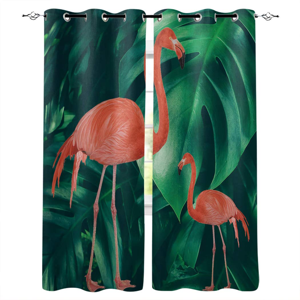 Blackout Curtains for Bedroom - Green Tropical Plant & Pink Flamingo Design, 104