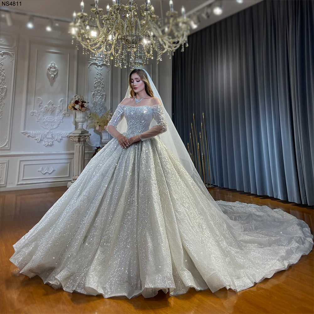 Elegant Off-The-Shoulder Long Sleeve Ball Gown Wedding Dress for Bride - Perfect for Church Ceremony, Beach Wedding & Formal Reception