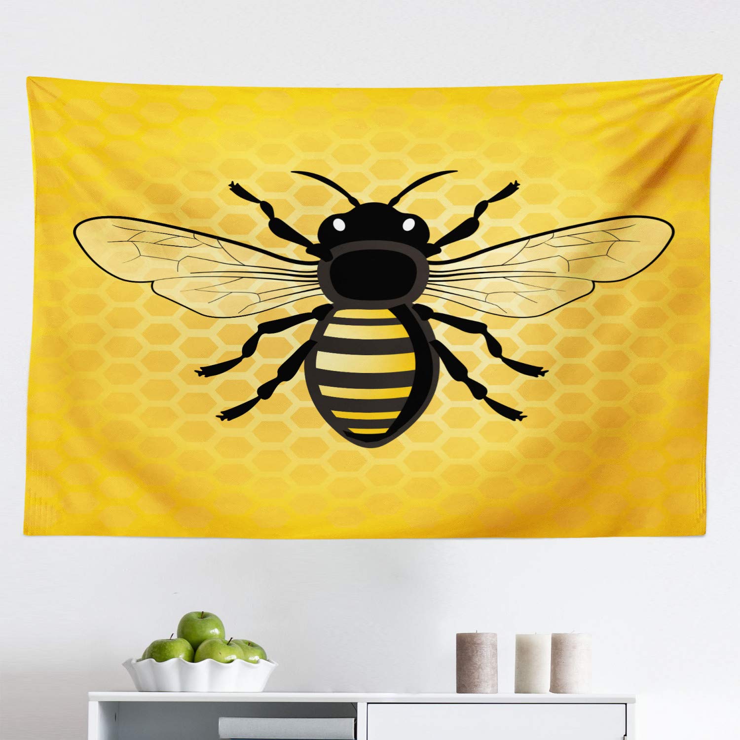Ambesonne Queen Bee Tapestry Wall Art - Detailed Honeycomb Insect Print Fabric Wall Hanging Decor for Bedroom, Living Room, Dorm (45x30 Inches, Earth Yellow Grey) - Perfect for Boho Home Decor & Beekeeping Enthusiasts