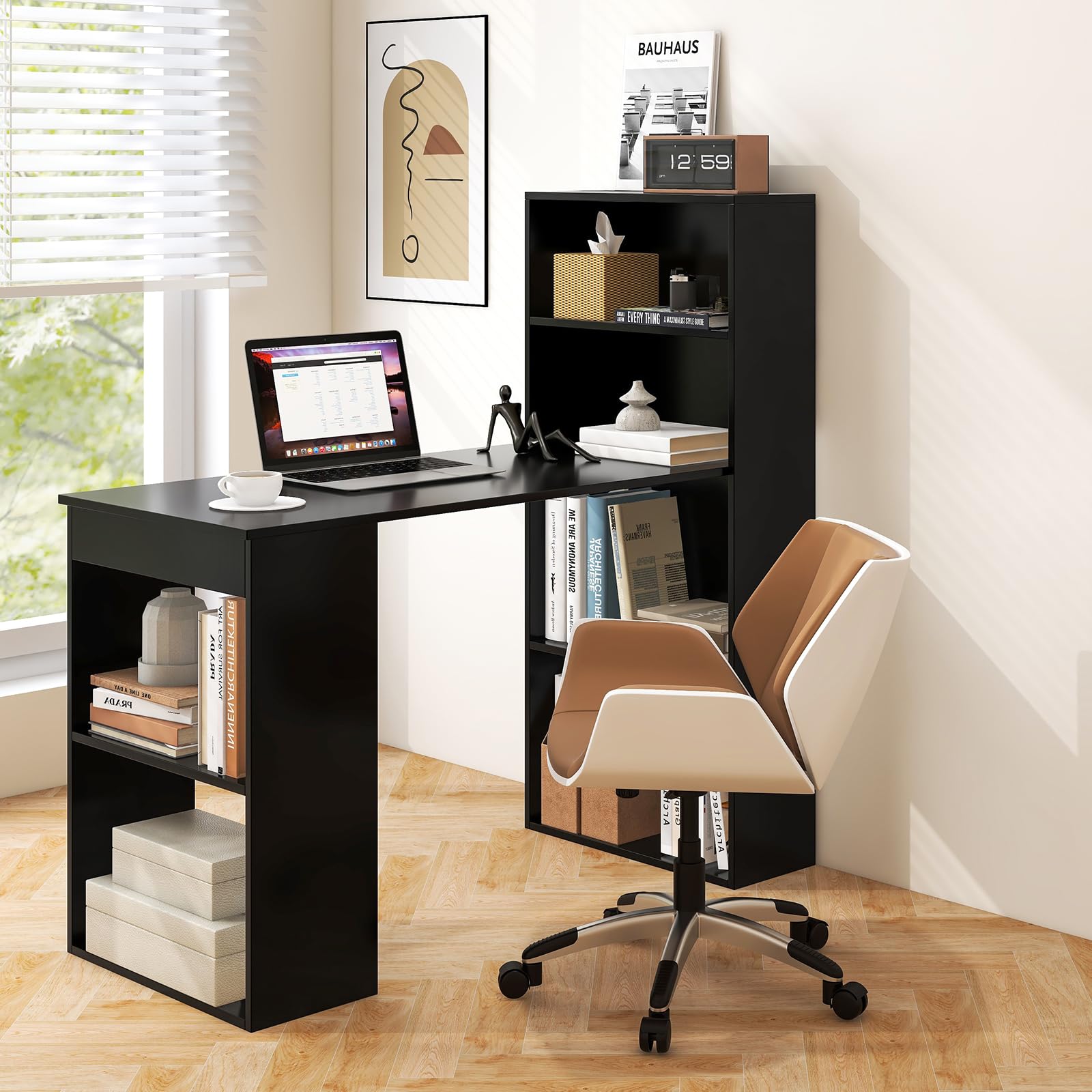 Tangkula Black Modern Computer Desk with Bookshelf - Compact Writing Study Desk with Storage Shelves & CPU Stand - Space-Saving Home Office Workstation for Small Spaces, Gaming & Remote Work