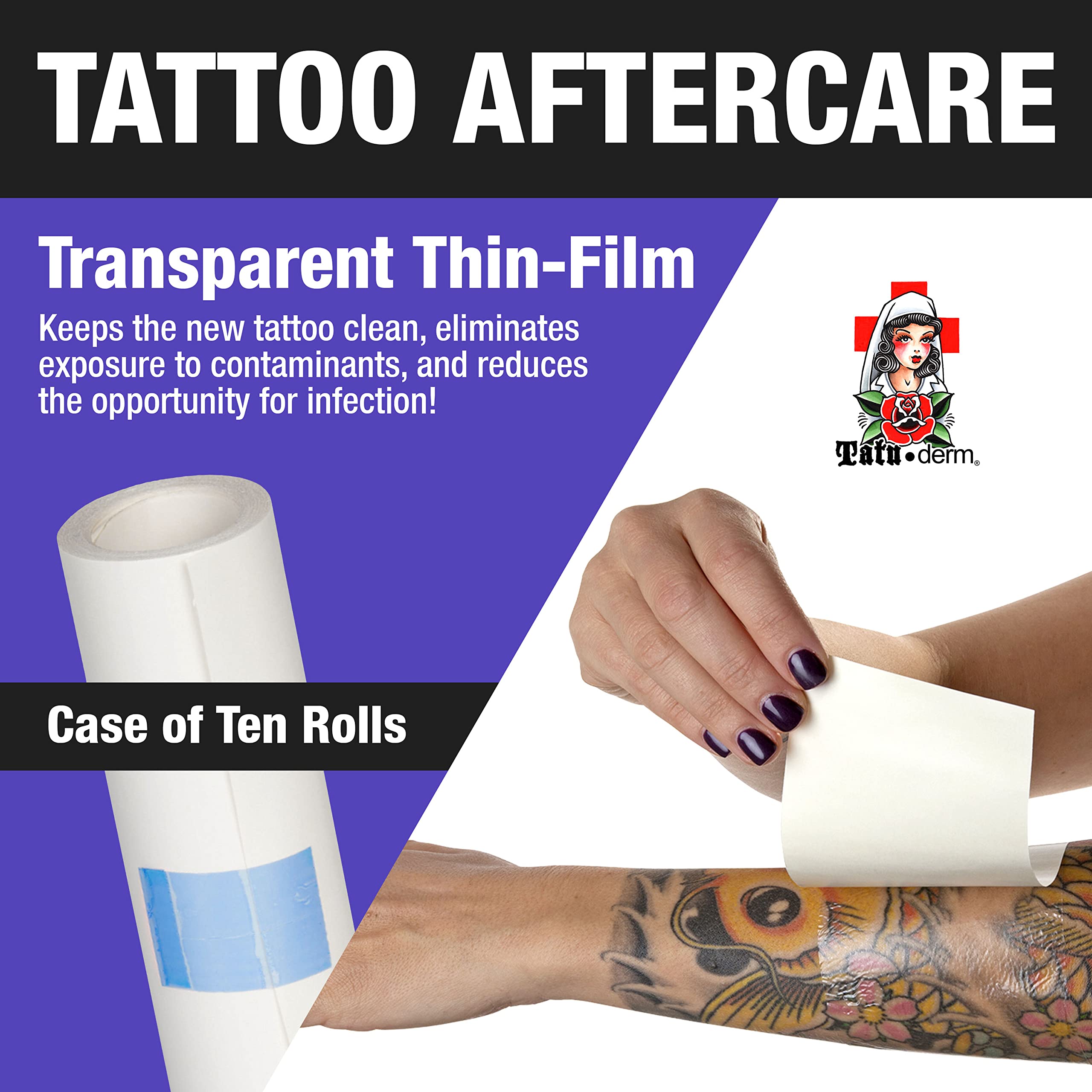 Tatu-derm® Waterproof Tattoo Aftercare Roll - Breathable Adhesive Barrier Film for Faster Healing & Protection | Made in USA | Ideal for Fresh Tattoos, Piercings & Skin Wound Care