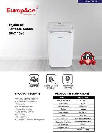 Europace EPAC 13Y6 Portable Air Conditioner - 13,000 BTU Cooling Power with Remote Control - Energy Efficient & Quiet AC Unit for Home, Office, Bedroom, or Garage Use