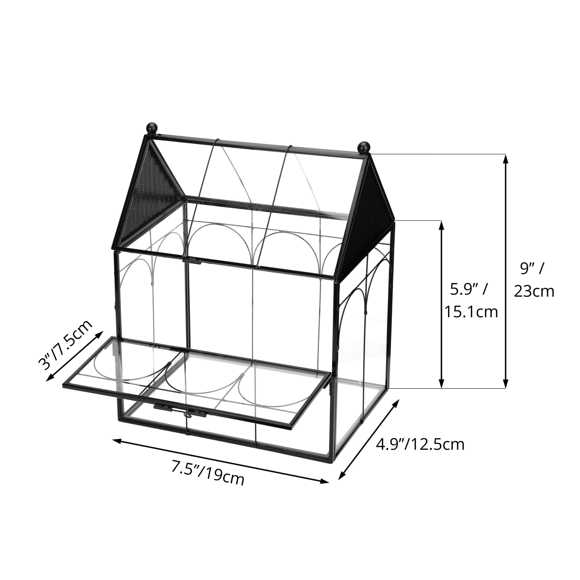 NCYP Glass Terrarium with Ventilation Holes - 7.5x4.9x9 Inch Small House-Shaped Habitat for Jumping Spiders, Insects & Snails - Closed Front Door Succulent Planter - Black Home Decor (No Plants Included) - Perfect for Pet Enclosures, Plant Displays & Decorative Home Accents