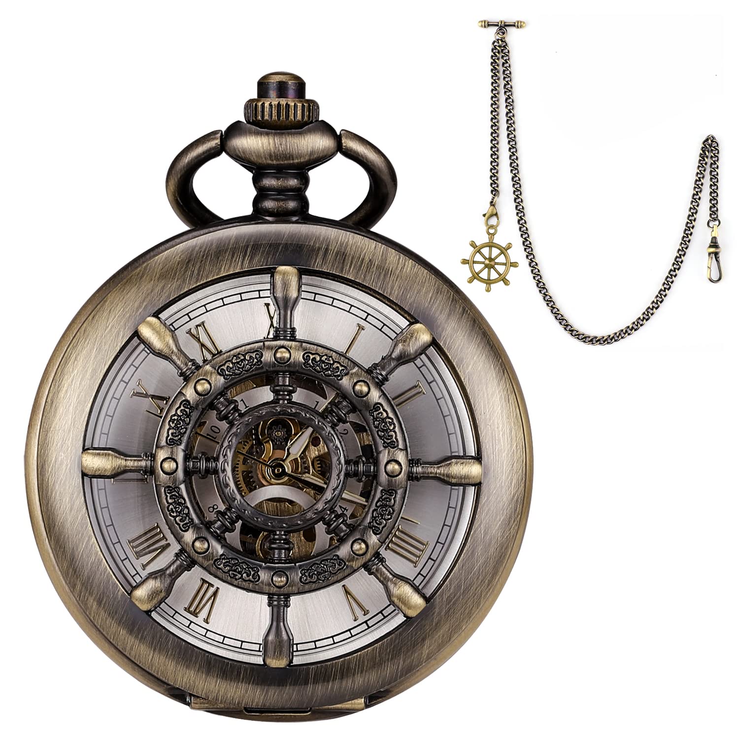 Vintage Steampunk Skeleton Mechanical Pocket Watch for Men - Antique Silver Chain Pocket Watch with Gift Box - Perfect for Formal Events, Cosplay & Collector's Gifts