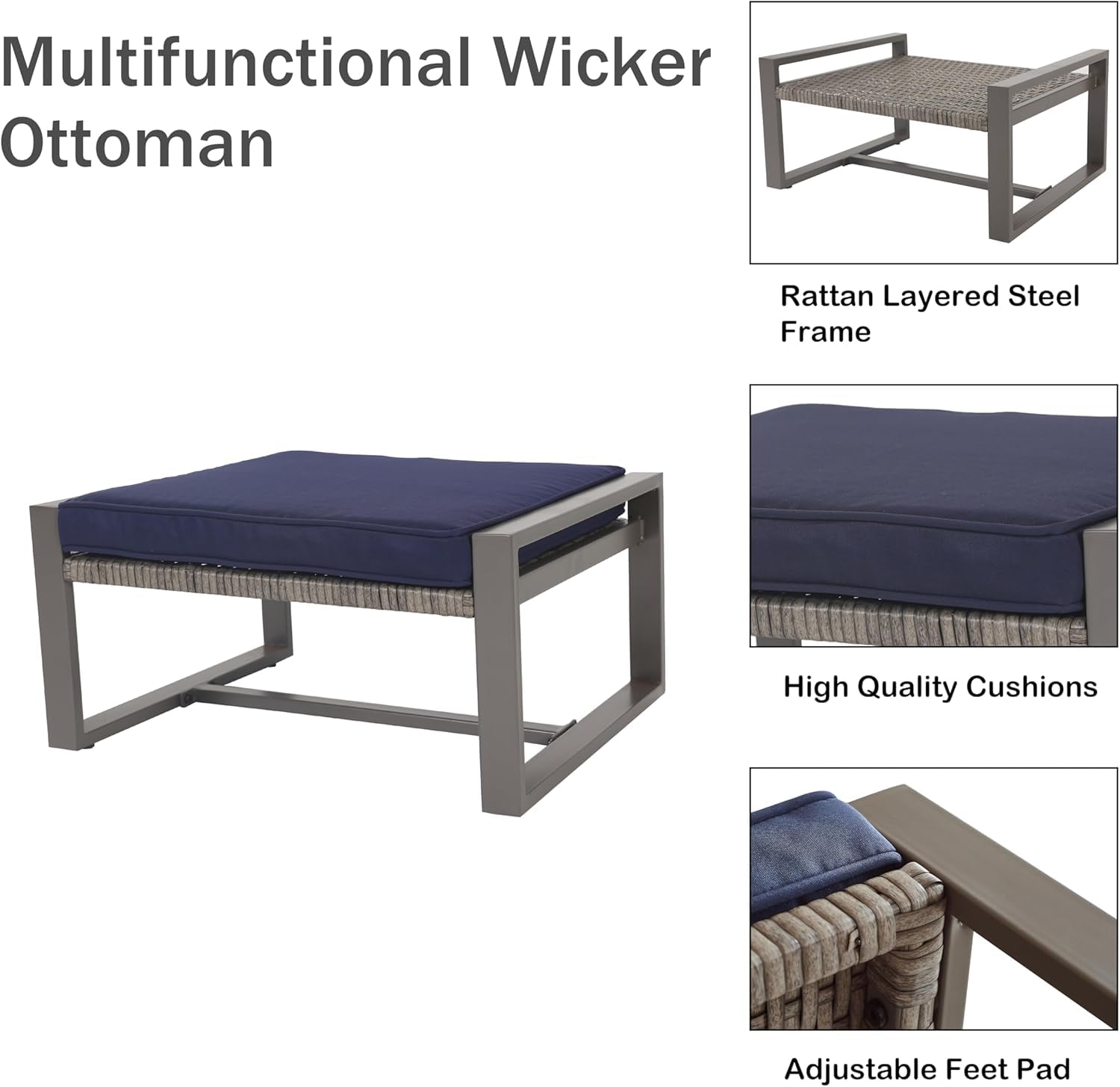LOKATSE HOME 5-Piece Wicker Outdoor Patio Furniture Set - PE Rattan All-Weather Conversation Set with Cushioned Chairs, Ottoman & Glass Coffee Table - Perfect for Balcony, Porch, Garden or Backyard Relaxation