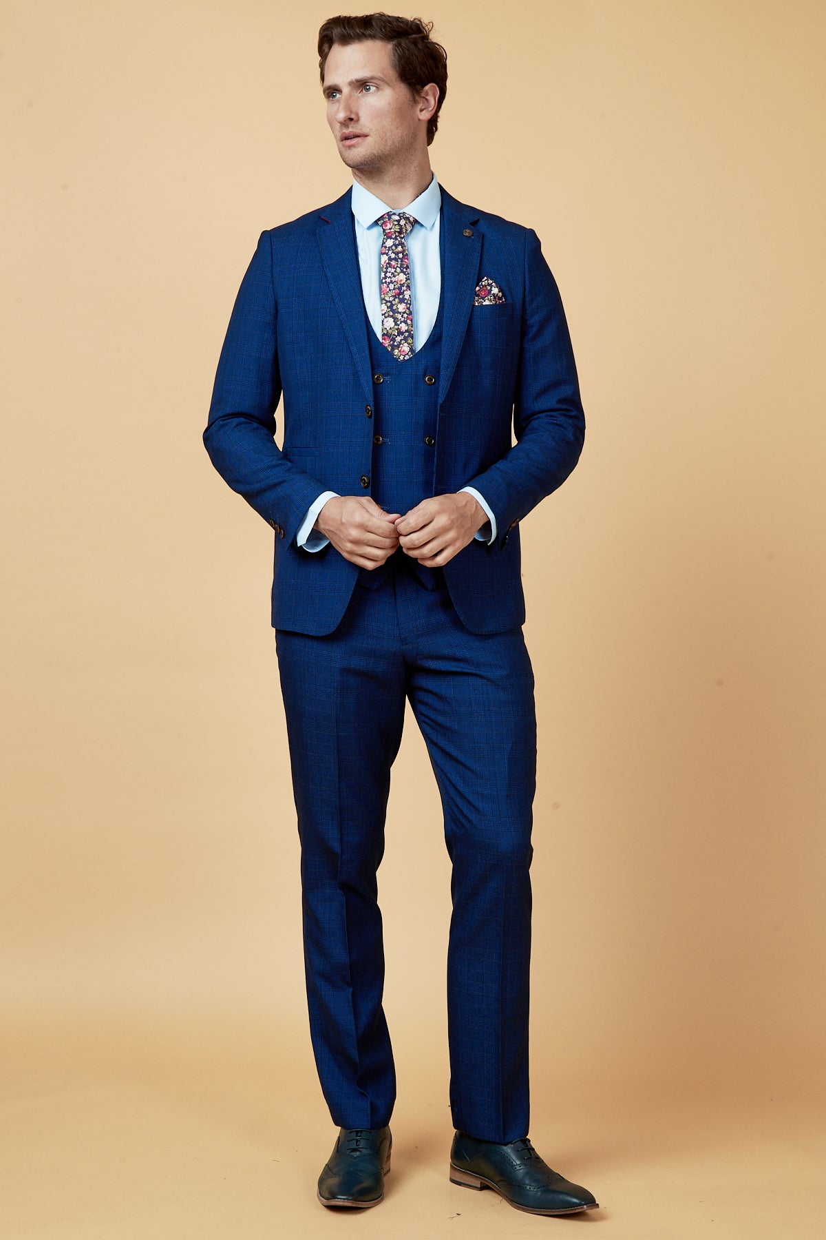 GEORGE Royal Blue Check Three Piece Suit for Men | Formal Business Attire | Wedding & Office Wear