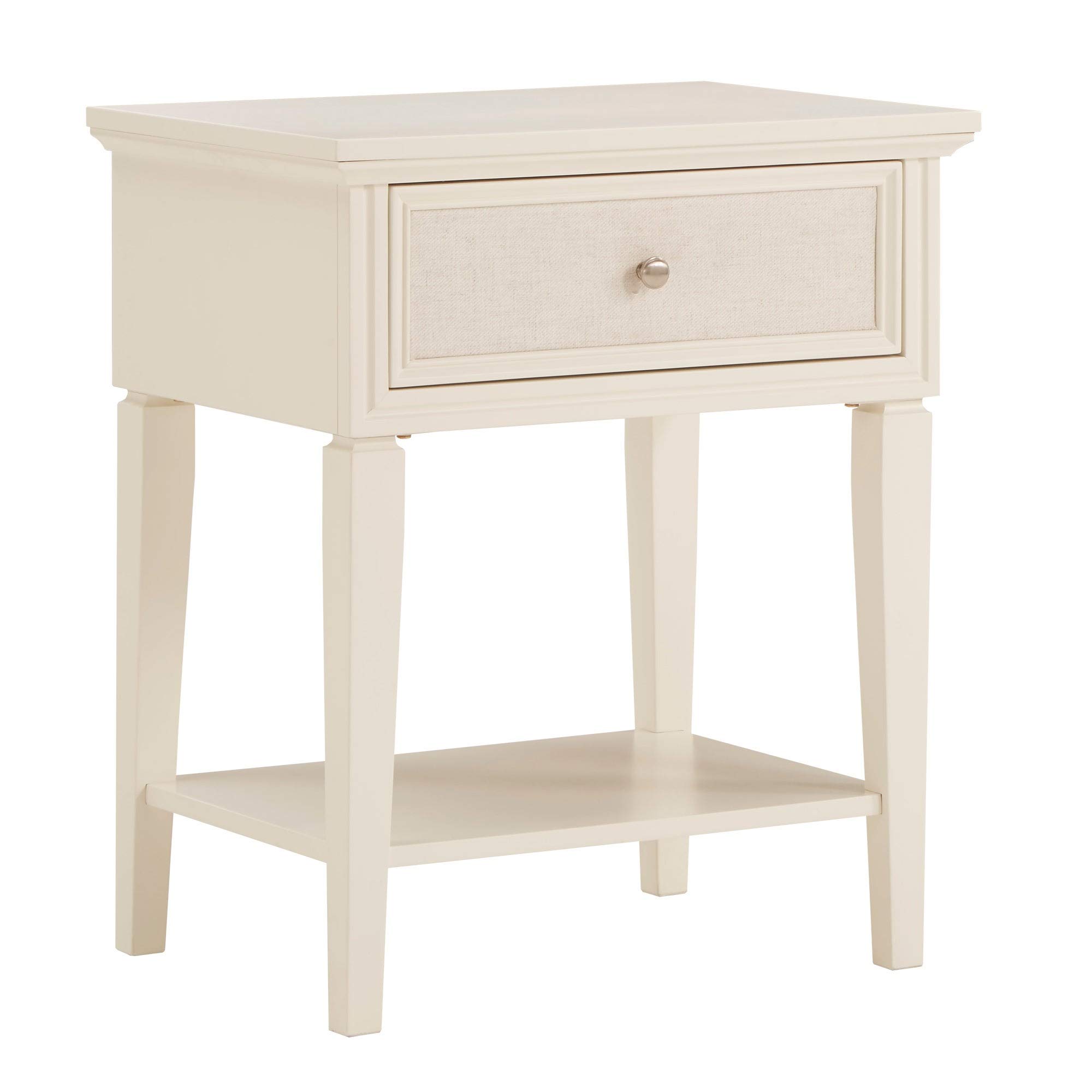 White Beige Linen Drawer Nightstand - 1-Drawer MDF Wood Bedside Table with Felt Lined Top & Hardware Included | Traditional Transitional Style for Bedroom, Living Room & Guest Room