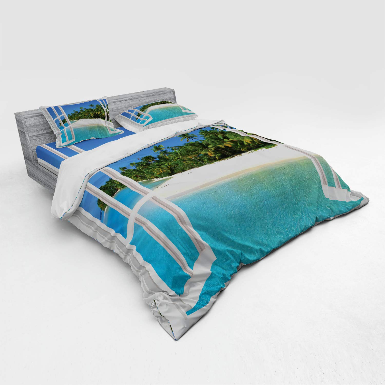Ambesonne Ocean Bedding Set 4-Piece King Size - Tropical Beach Paradise Design with Wooden Gazebo, Palm Trees & Sandy Shore - Duvet Cover, Shams & Fitted Sheet in White, Green & Blue | Perfect for Coastal Themed Bedrooms, Vacation Homes & Beach House Decor