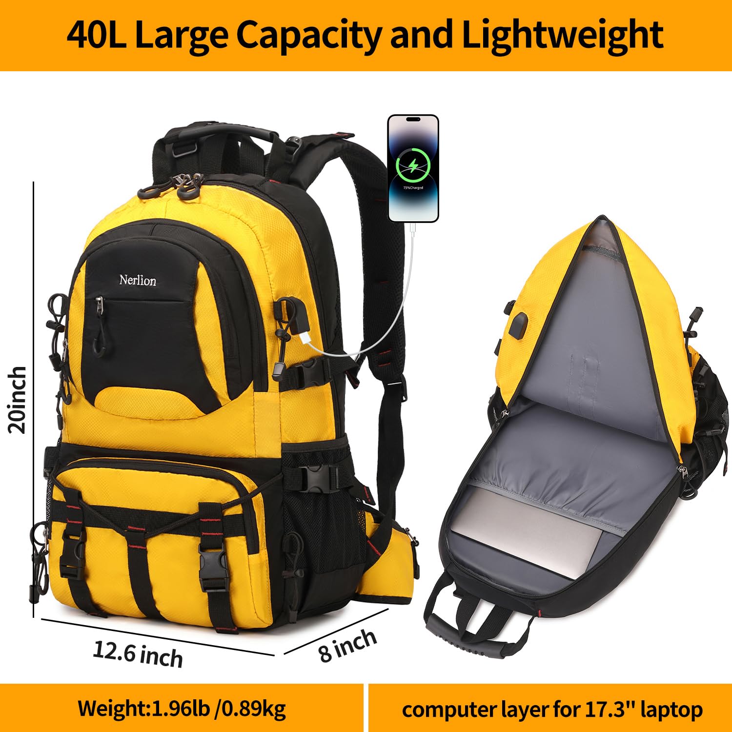 Nerlion 40L Waterproof Hiking Backpack - Lightweight Travel Backpack for Men & Women - Durable Camping & Outdoor Daypack (Yellow) - Perfect for Hiking, Traveling, Camping & Daily Commute
