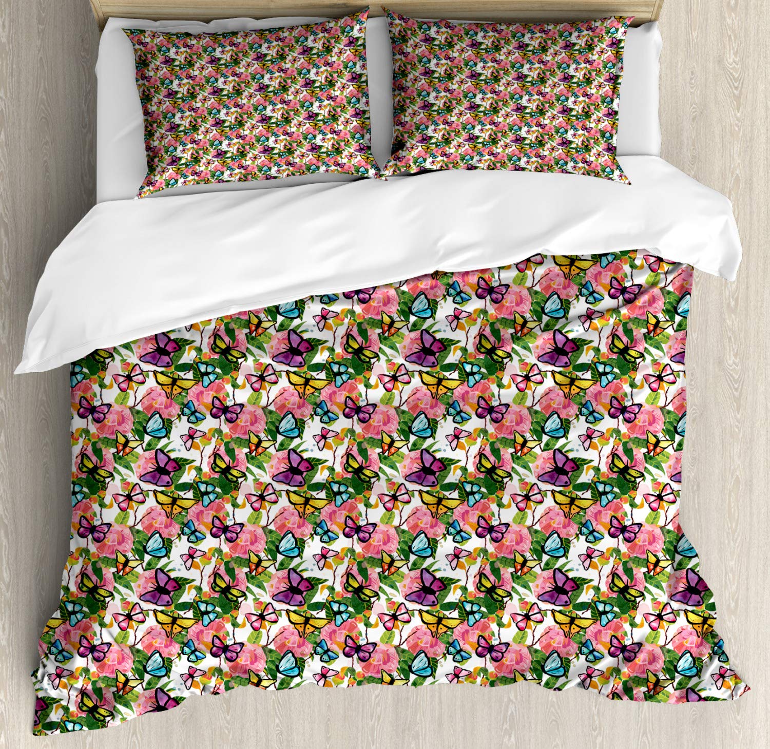 Ambesonne King Size Duvet Cover Set - Vibrant Camellia Flowers & Butterflies Design, 3-Piece Dusty Blue Bedding with 2 Pillow Shams | Tropical Botanical Theme for Master Bedroom & Guest Room Decor