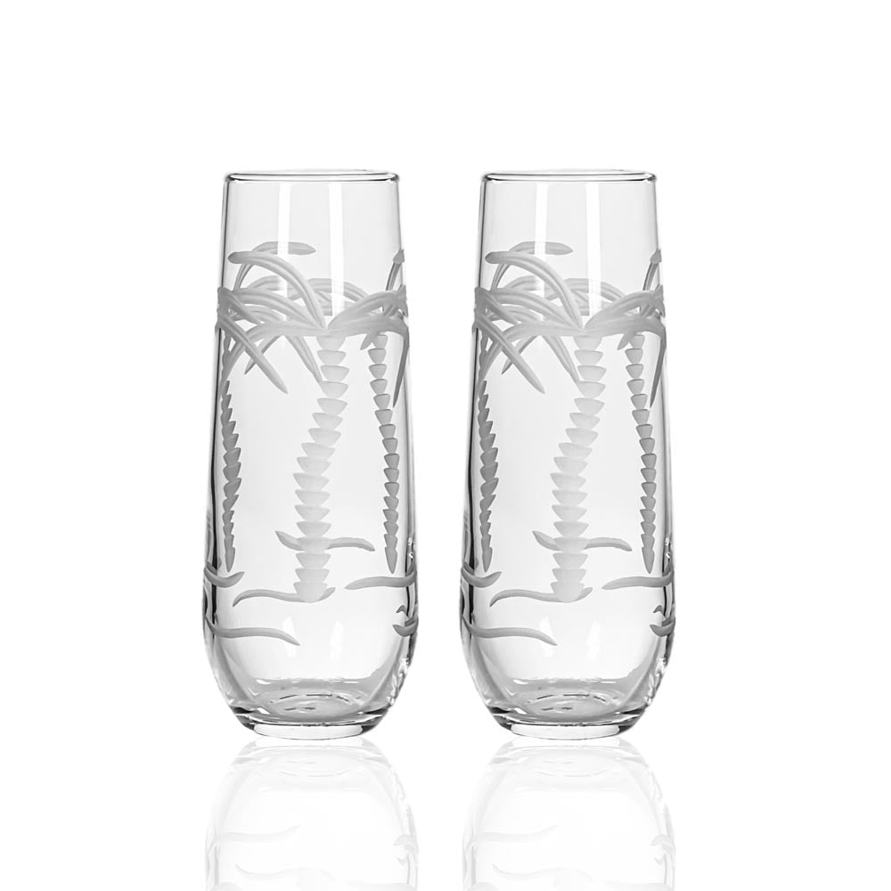 8.5oz Stemless Champagne Flutes Set of 2 - Elegant Palm Tree Design for Tropical Parties, Weddings & Poolside Celebrations
