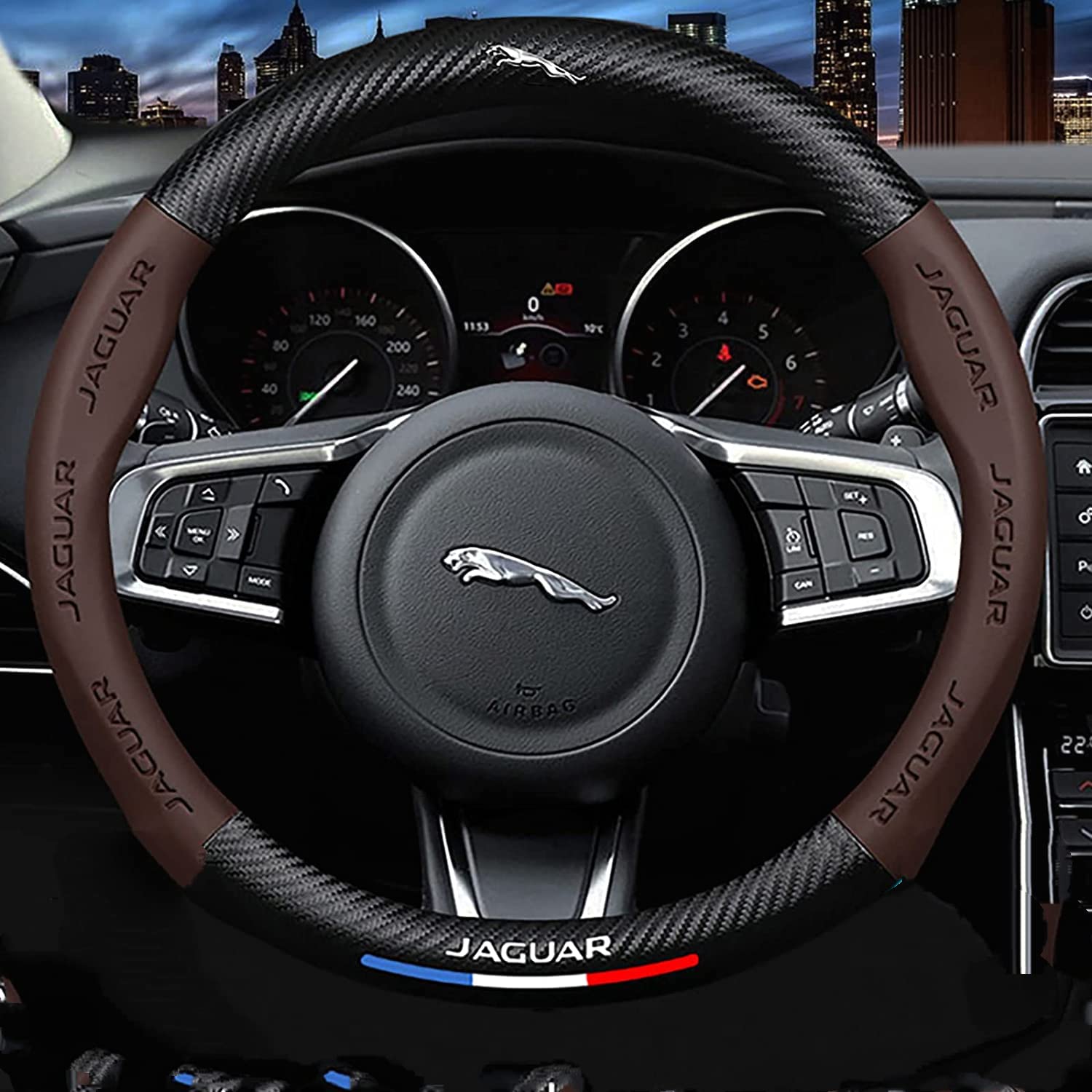 Premium Custom-Fit Leather Steering Wheel Cover for Jaguar - Carbon Fiber Texture, Anti-Slip 3D Embossed Design with Logo | Sport Style Car Interior Upgrade Accessory | Perfect for Daily Commuting & Road Trips