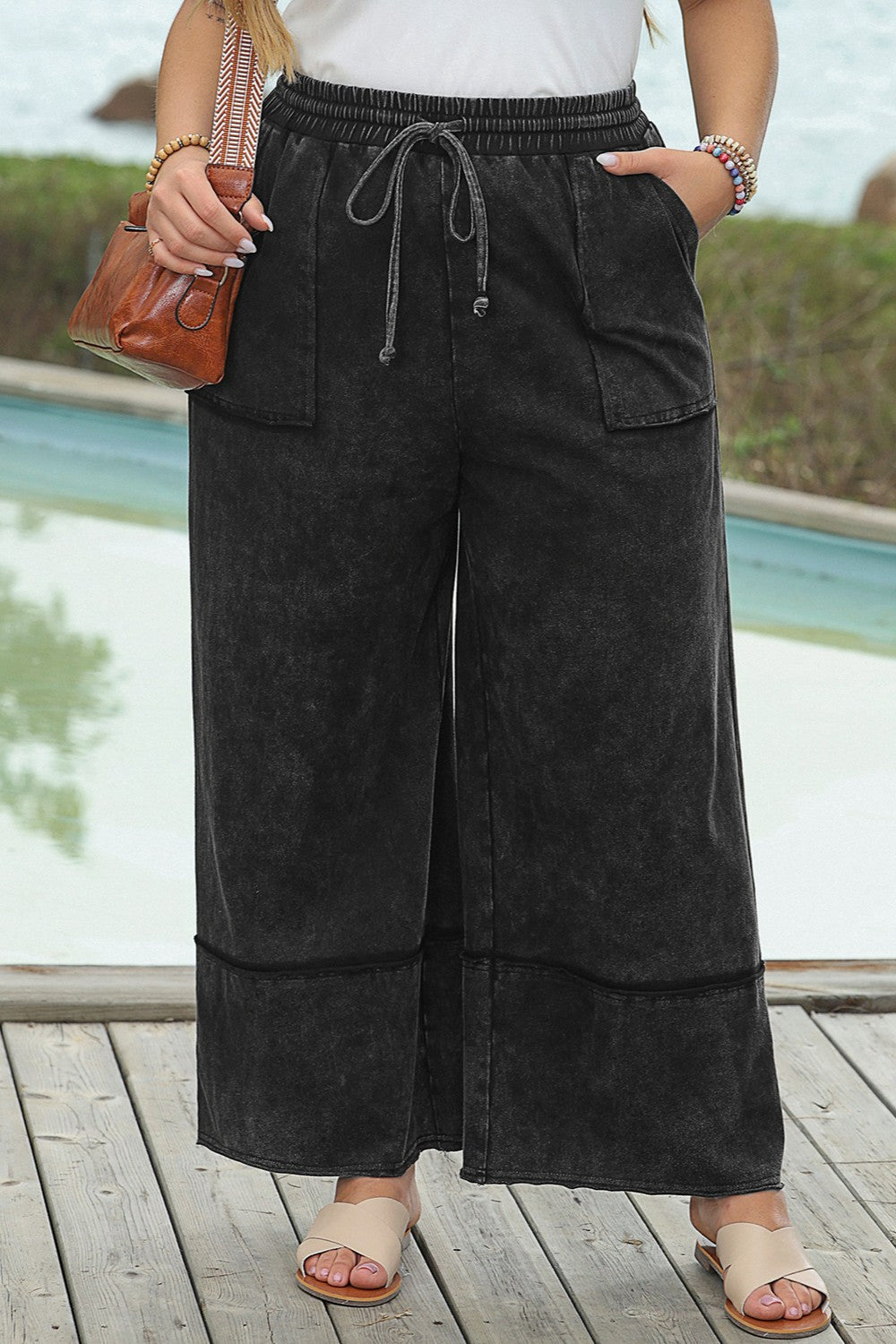 **Plus Size Drawstring Wide Leg Pants for Women - Comfortable High Waisted Loose Fit Trousers - Perfect for Casual Wear, Work & Travel**