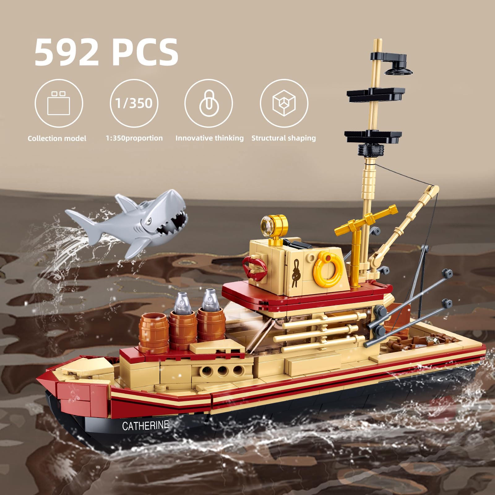 City Jaws Fishing Boat Building Block Kit - 592 PCS Lego-Compatible Marine Toy for Kids & Adults Age 6+ | Perfect for Ocean Exploration Enthusiasts, Sea Fishing Decor & Creative Playtime