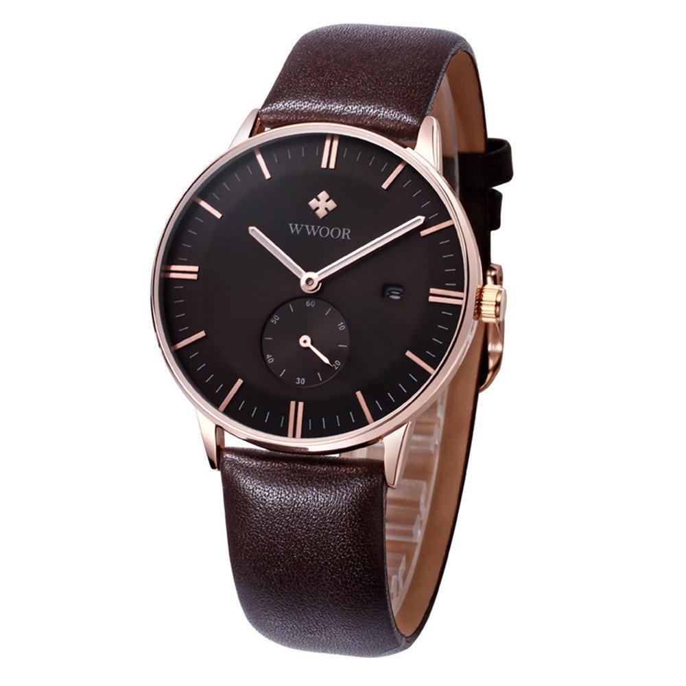 WWOOR 8808 Men's Brown Leather Waterproof Quartz Watch with Calendar & Luminous Hands - Perfect for Business, Casual Wear & Outdoor Adventures