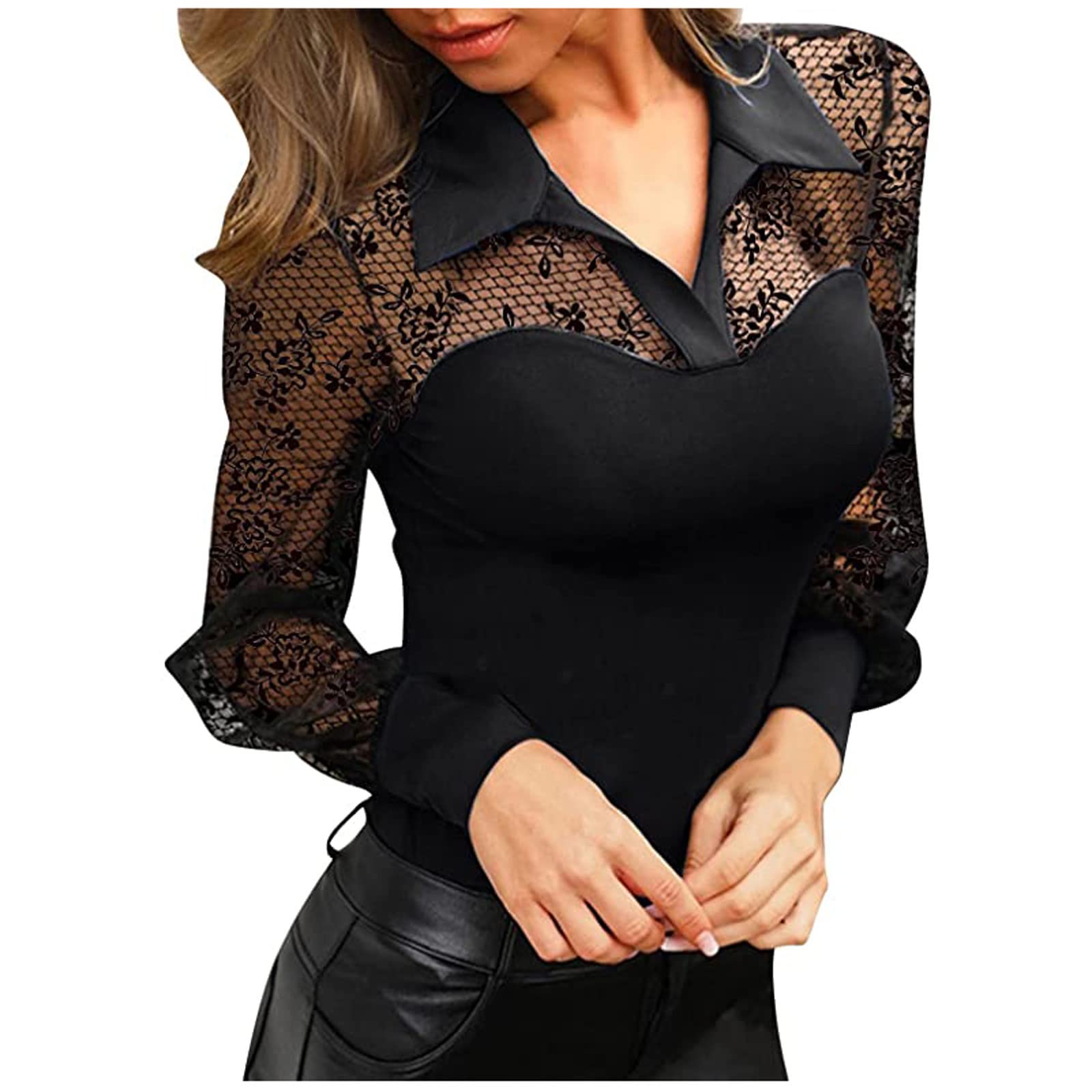 Women's Casual Long Sleeve Turn-Down Collar Solid Patchwork Slim T-Shirt | Fashionable Daily Wear for Work & Outfits