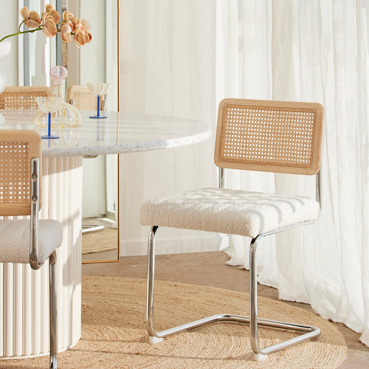 Blake Rattan Boucle Dining Chair - Modern Woven Rattan Accent Chair for Kitchen, Dining Room, or Breakfast Nook - Comfortable & Stylish Seating for Home Decor