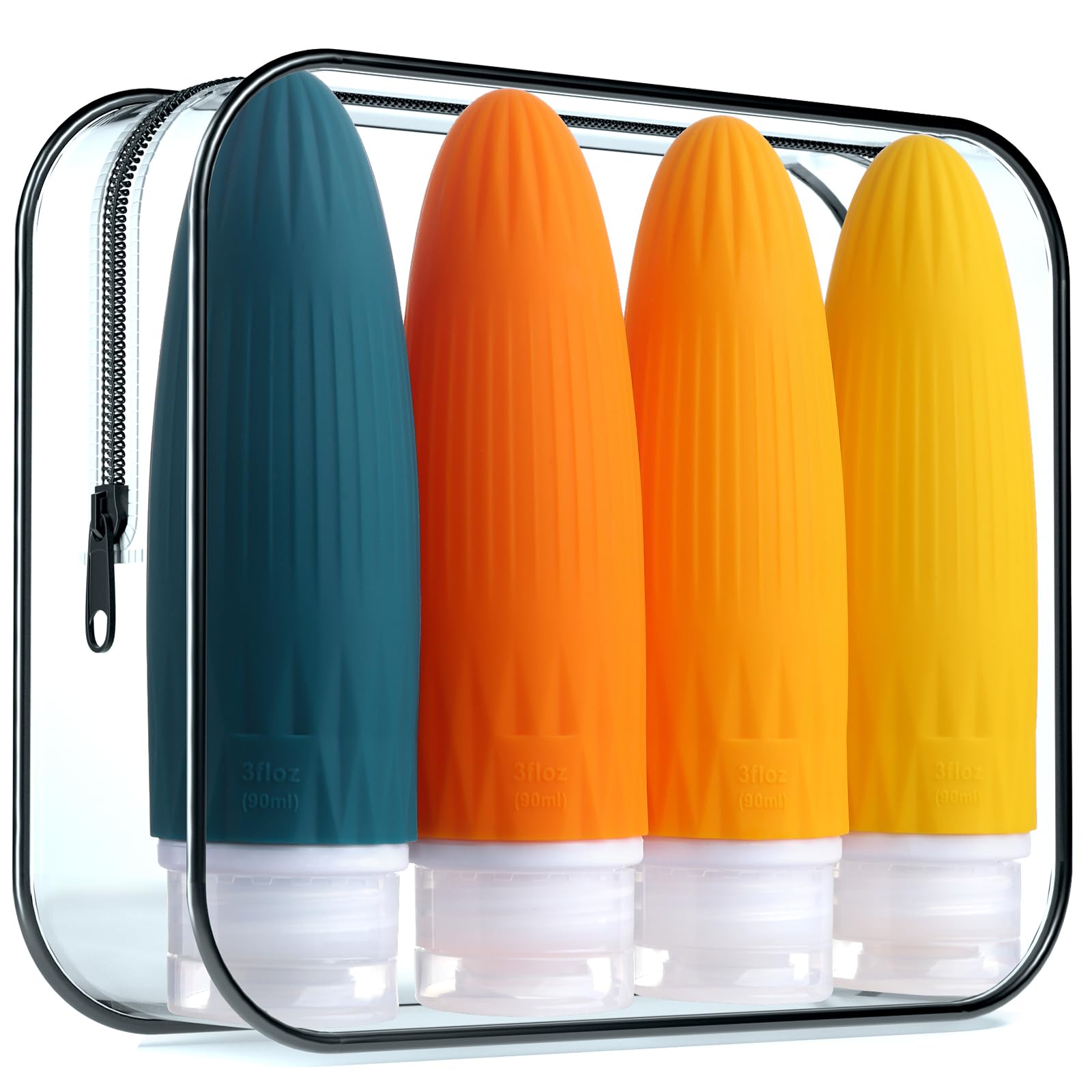 Gemice 4-Pack TSA Approved 3oz Leak-Proof Silicone Travel Bottles for Shampoo, Body Lotion & Toiletries | Refillable Squeezable Containers for Air Travel, Gym, Camping & Vacation Essentials