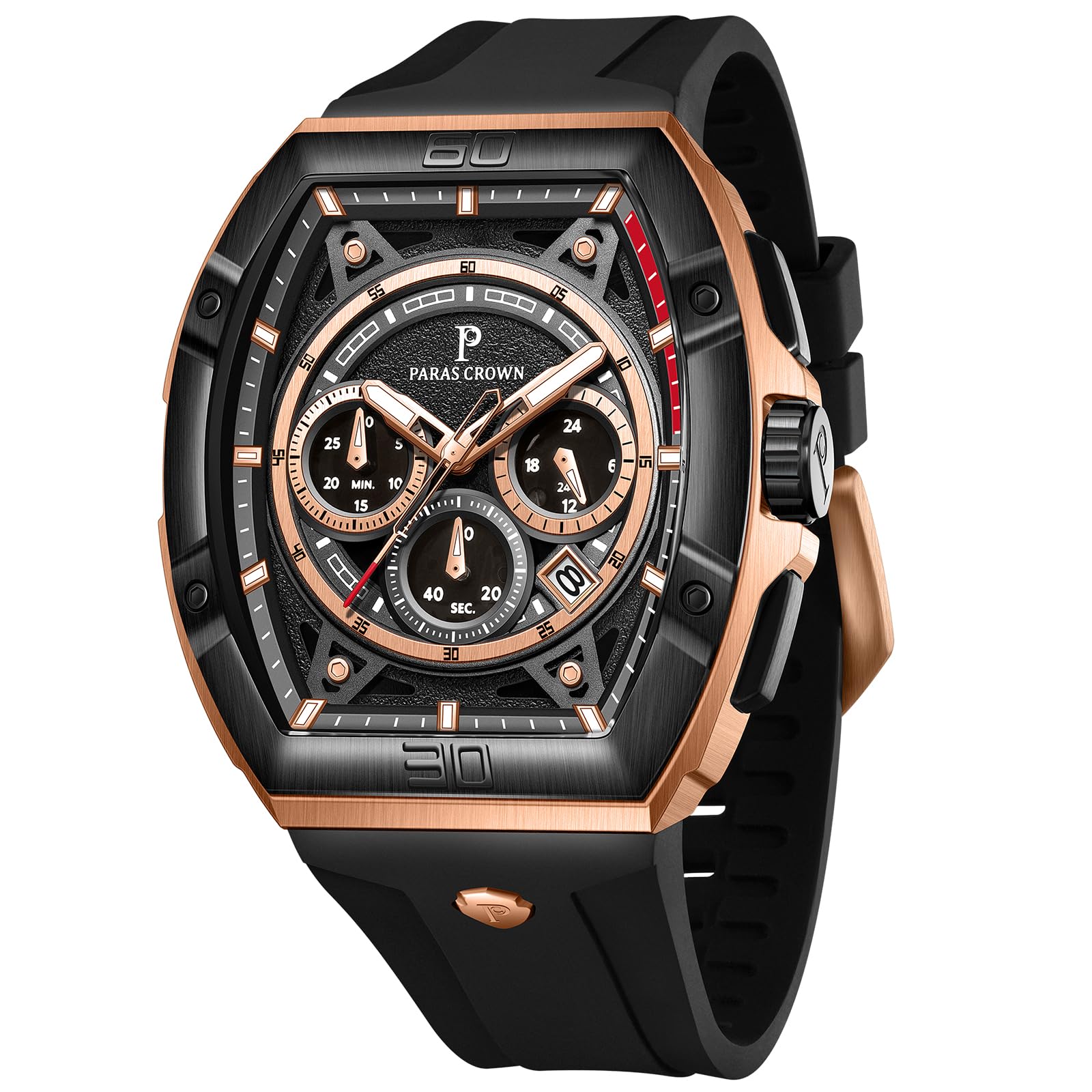 Luxury Men's Paras Crown Tonneau Chronograph Watch - 5ATM Waterproof Stainless Steel Analog Quartz Wristwatch for Business, Casual & Formal Occasions