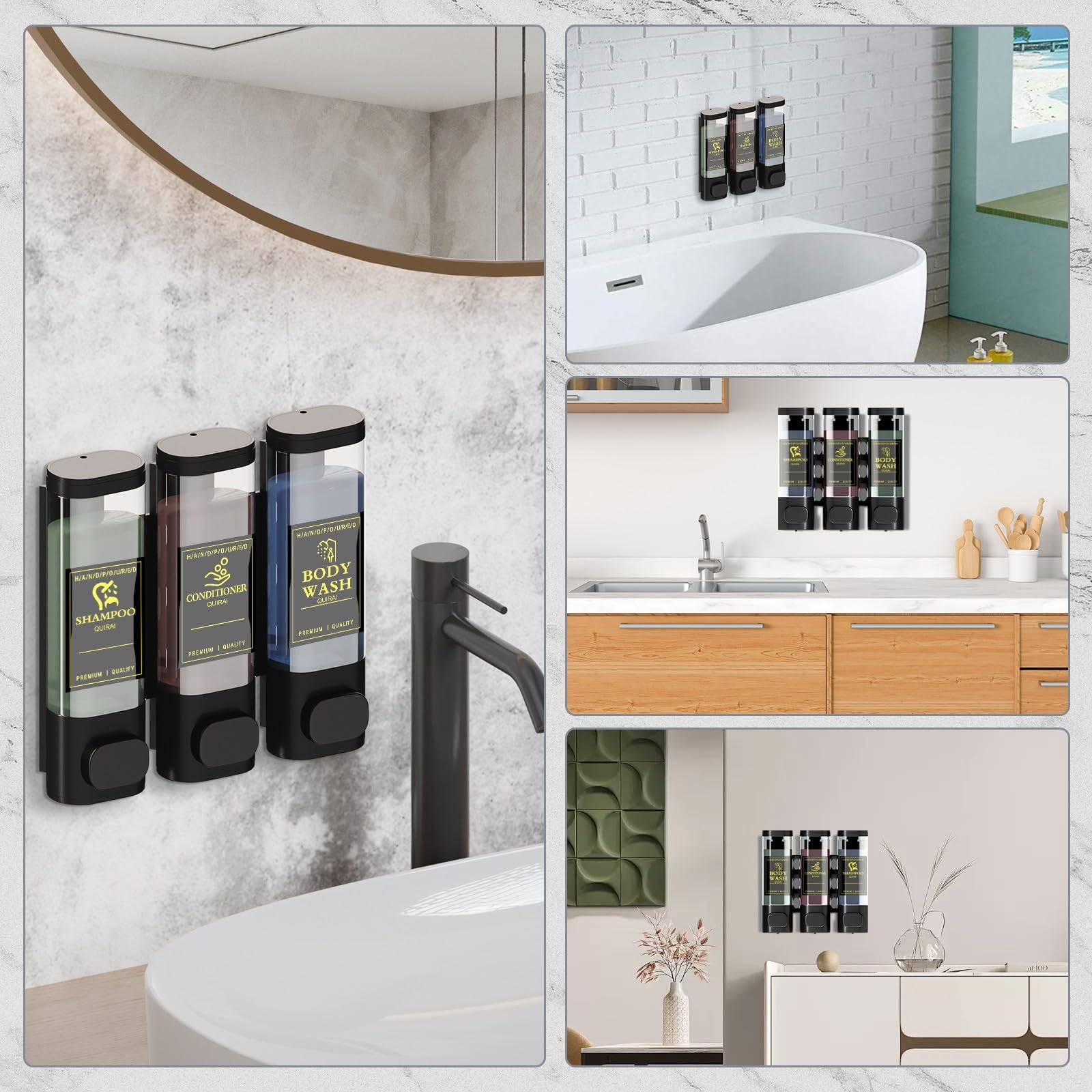 3-Chamber No-Drill Shower Dispenser for Shampoo, Conditioner & Soap - Wall Mounted Bathroom Organizer with Large Capacity - Perfect for Home, Hotel & Kitchen Use
