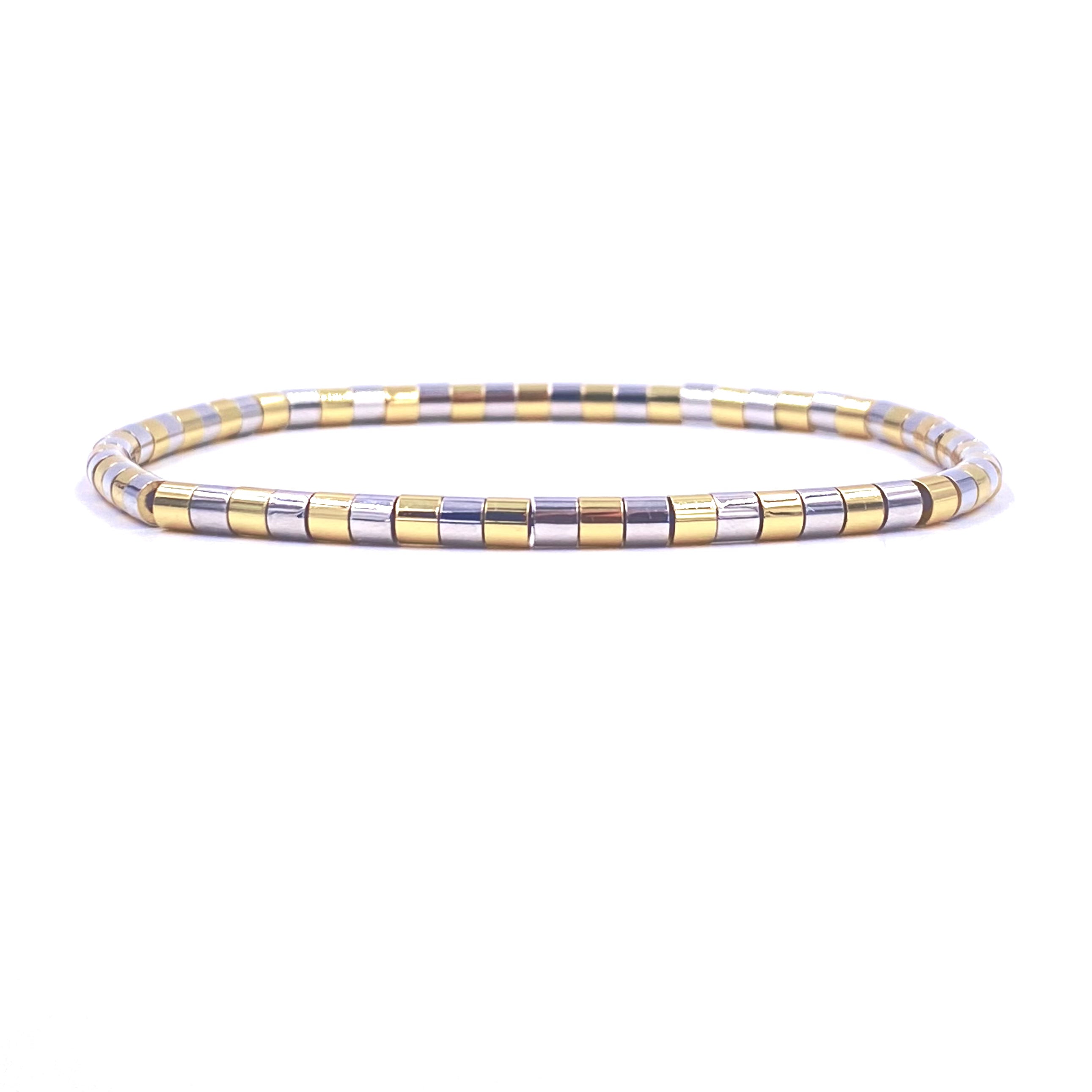 Ashley Gold Stainless Steel Gold Plated Cylinder Beaded Stretch Bracelet for Women - Elegant Fashion Jewelry for Parties, Weddings & Everyday Wear