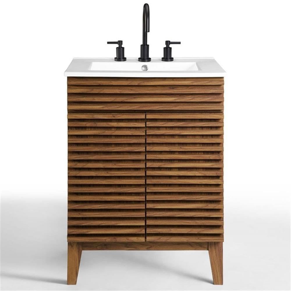 Allora Modern Wood Bathroom Vanity with Storage Shelf - Walnut/White Finish | Space-Saving Design for Small Bathrooms & Powder Rooms