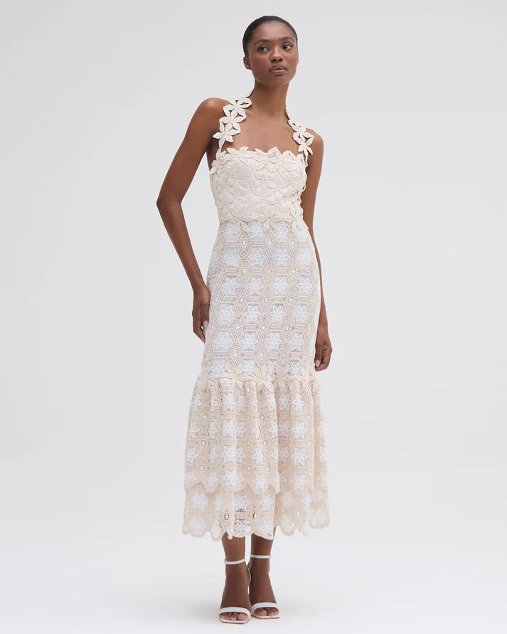 Crochet Midi Dress for Women - Natural Off White Boho Summer Beach Dress | Perfect for Vacation, Date Night & Outdoor Weddings