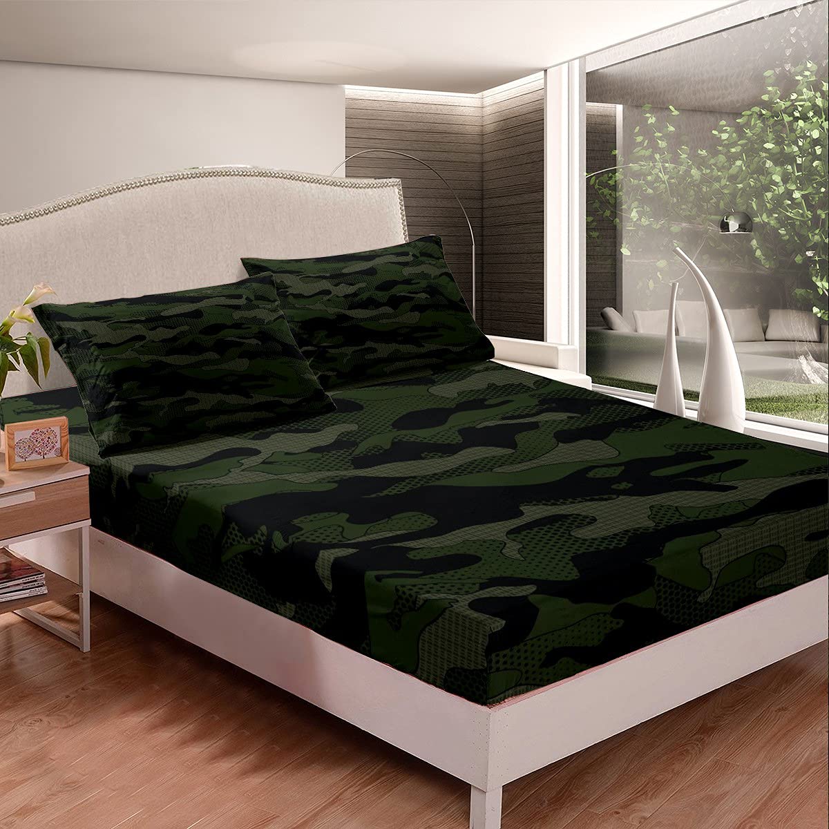 Army Green Camouflage Bed Sheet Set for Boys - 4Pc Full Size Military Themed Bedding with Geometric Patterns, Green & Black - Perfect for Kids & Teens Room Decor, Camping or Military Enthusiast Bedroom