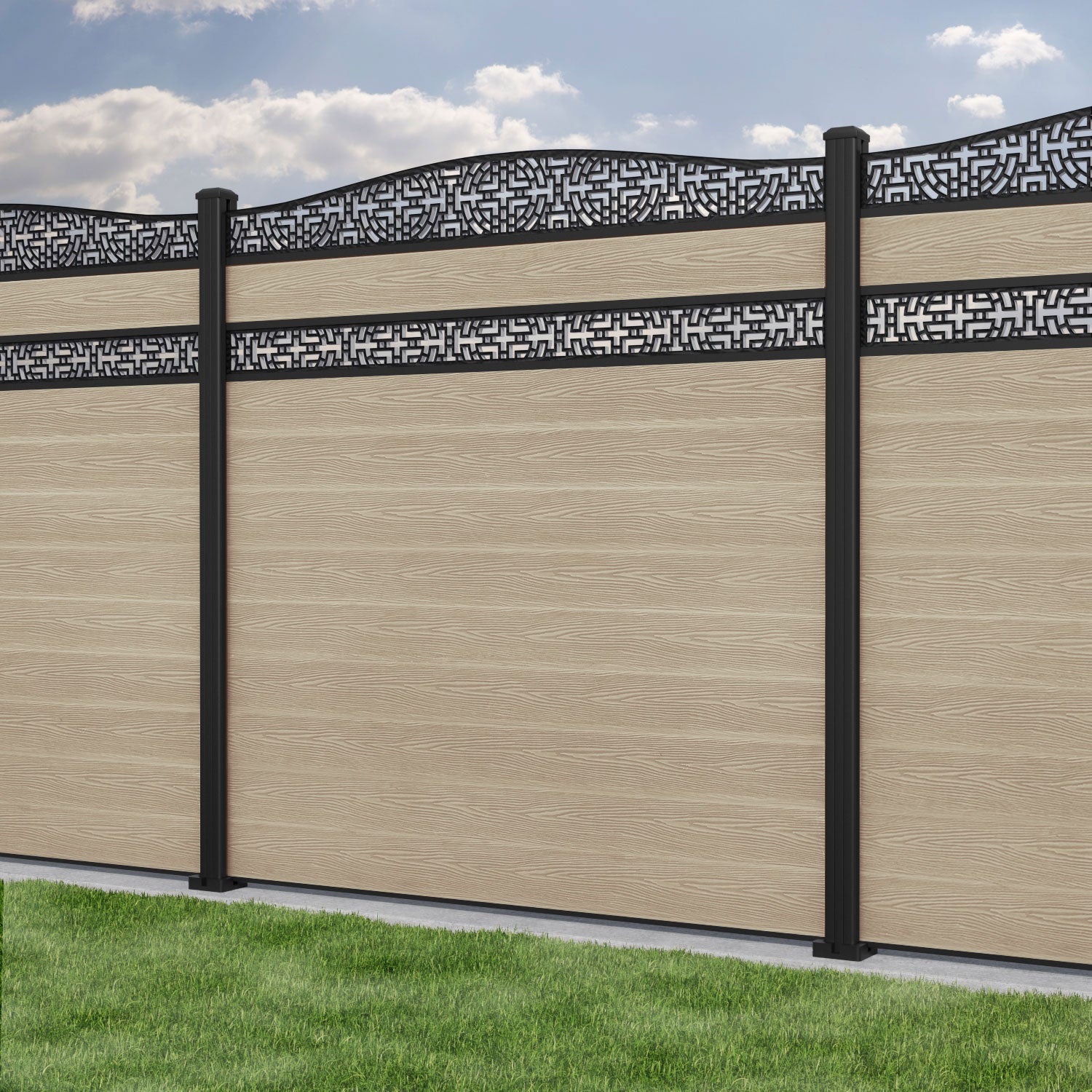 Classic Kumo Curved Top Split Screen Fence Panel - Light Oak Finish with Aluminum Posts - Perfect for Backyard Privacy, Garden Decoration & Patio Partitioning