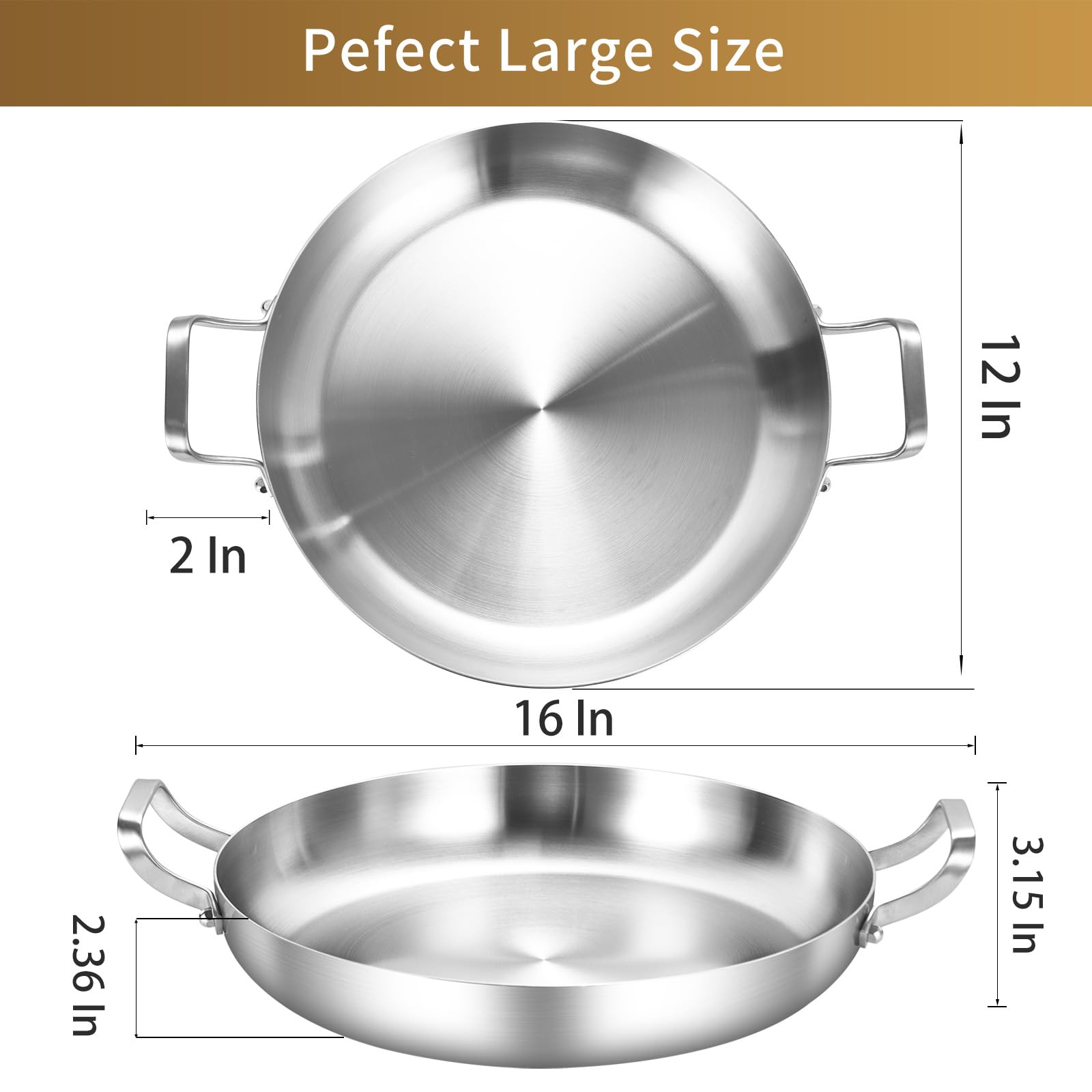 Inqibee 12-Inch Tri-Ply Stainless Steel Paella Pan - Large Induction Skillet, Griddle & Frying Pan - Oven & Dishwasher Safe Cookware for Seafood, Rice Dishes & Family Meals - Silver IQB-3ply