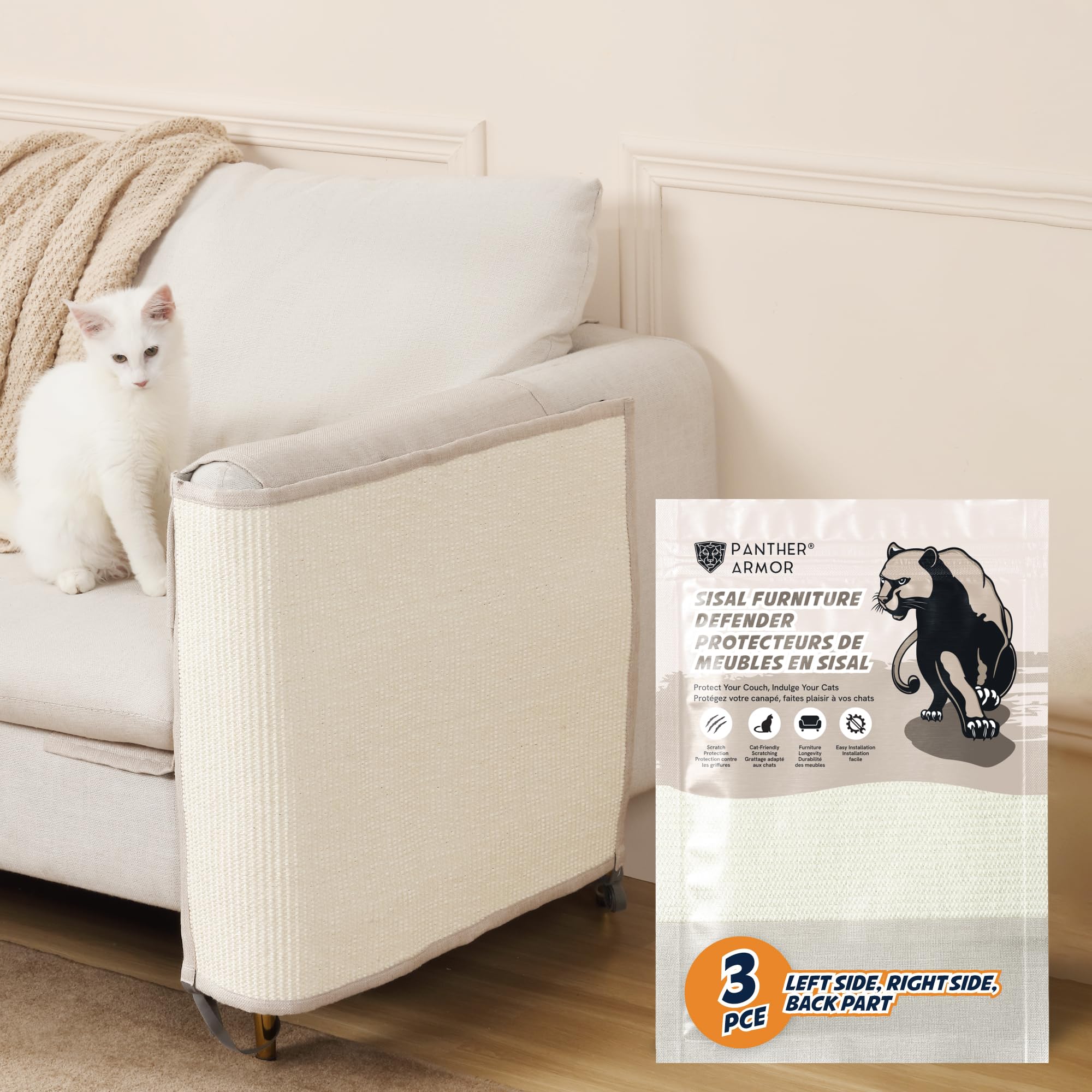 Premium 3-Piece Panther Armor Cat Scratch Mats Set for Couches - Left Arm, Right Arm & Backrest Protectors in Beige | Natural Sisal Furniture Protector | Durable Scratch Pads for Cats | Perfect for Living Room Sofa Protection & Cat Nail Care