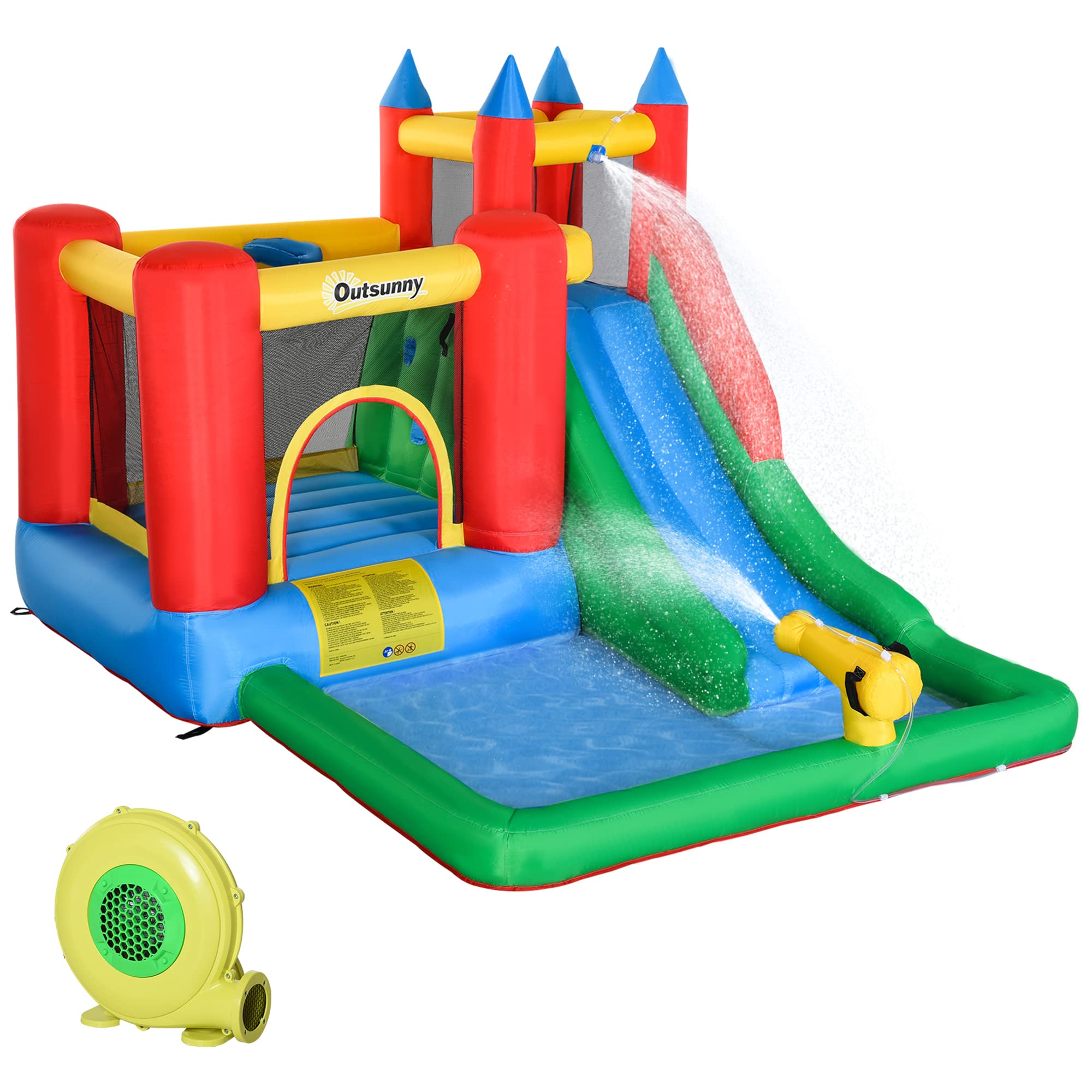 Outsunny 6-in-1 Inflatable Bounce House with Water Slide, Pool, Water Cannon & Climbing Wall - Kids Outdoor Water Play Toy for Backyard, Birthday Parties & Summer Fun - Includes Air Blower & Repair Kit