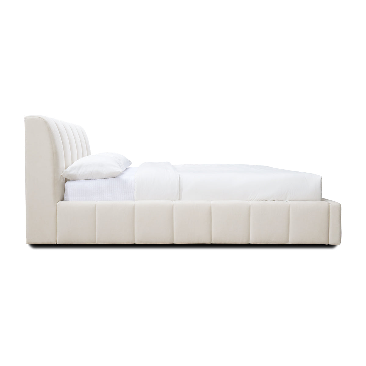 Allocco Queen Size Bed Frame with Upholstered Headboard - Cream Velvet Fabric - Modern Platform Bed for Bedroom - Perfect for Master Bedroom, Guest Room, or Apartment