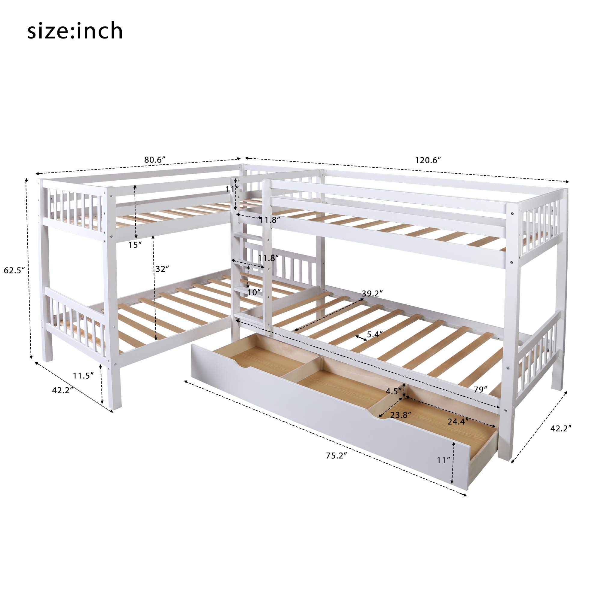 Solid Wood L-Shaped Twin Over Twin Bunk Beds for 4 with Storage Drawers - Space-Saving Triple Bunk Bed for Kids, Teens & Adults (White) | Perfect for Small Bedrooms, Guest Rooms & Vacation Homes