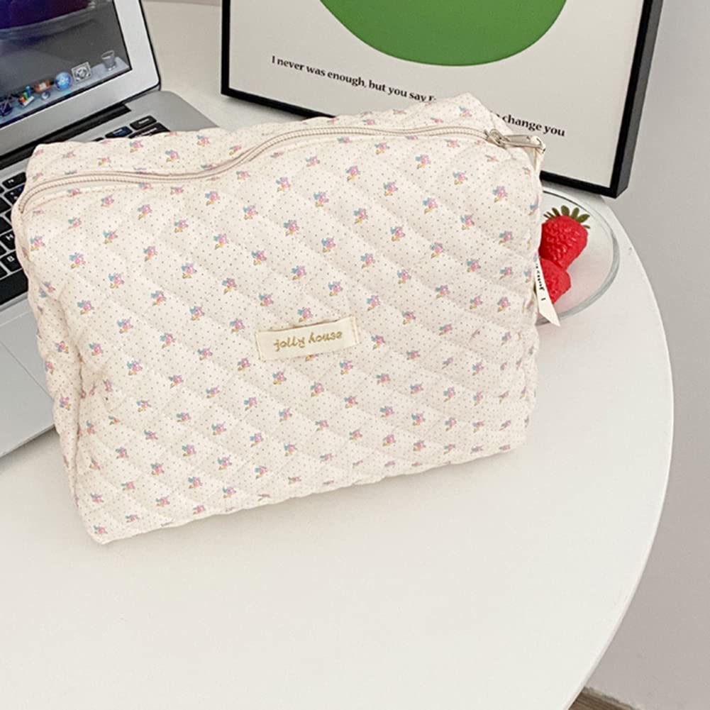 Juoxeepy Large Cotton Makeup Bag - Quilted Cosmetic Pouch for Travel & Toiletries | Coquette Aesthetic Floral Design | 9.4x6.7x3.54 inches (B-Beige) | Perfect for Vacation, Gym, Bridal Shower & Daily Organizer