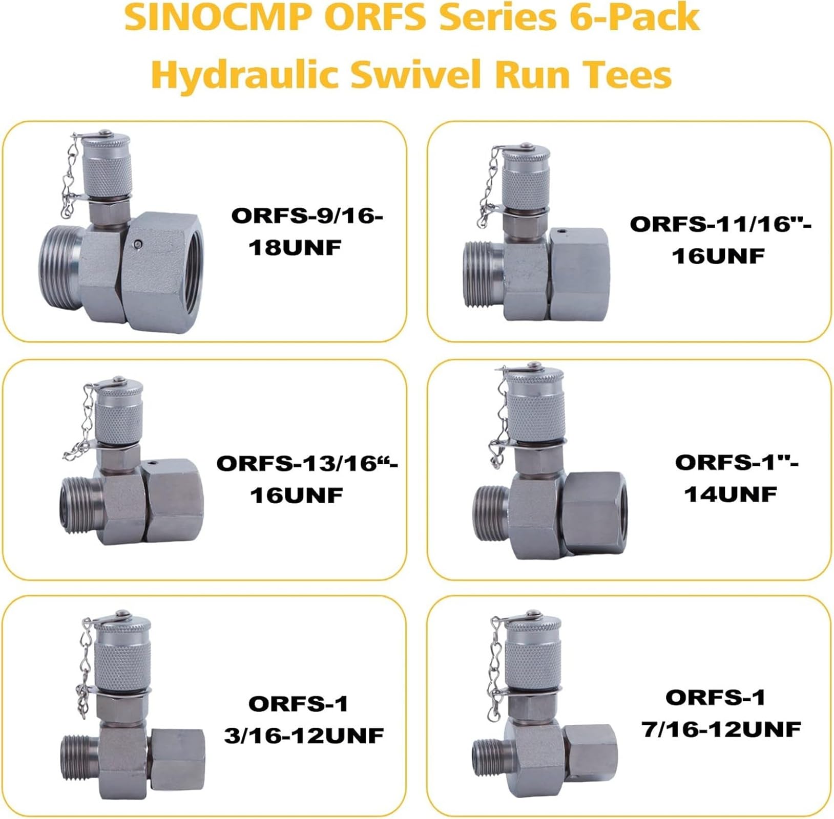 6 Pack ORFS Hydraulic Swivel Tee Fittings Connector Kit - Heavy Duty Excavator Construction Machinery Hydraulic System Couplings - Perfect for Hydraulic Line Repair & Maintenance