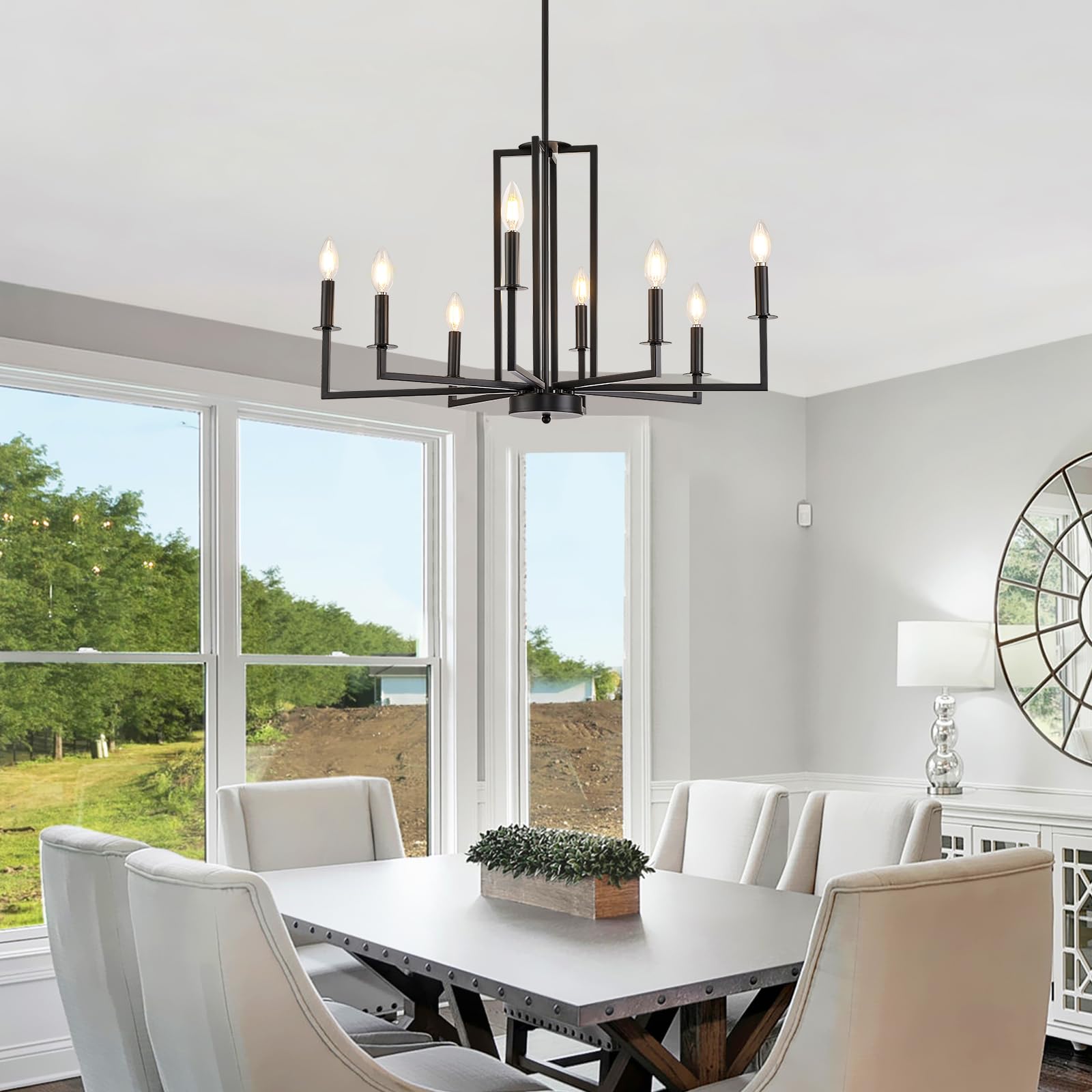 Modern Farmhouse Chandelier Black - 8-Light Dining Room Chandelier with Metal Frame for Farmhouse, Living Room, Bedroom, Staircase, Foyer & Entryway - Perfect for Rustic Home Decor, Wedding Venues and Cozy Dining Spaces