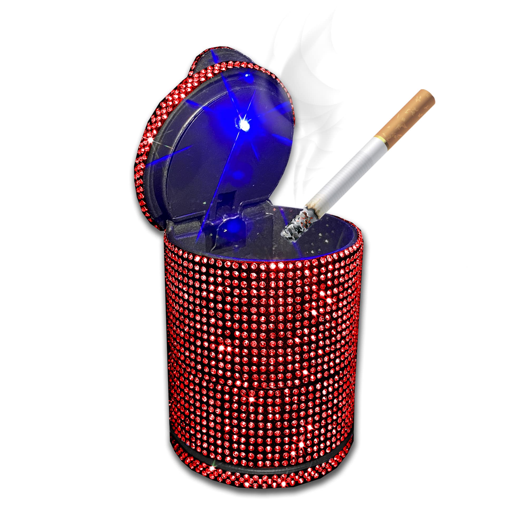 Crystal Diamond Car Ashtray with Lid - Smell Proof & Blue LED Light - Portable Bling Ashtray for Car - Smokeless Cigarette Holder & Mini Trash Can (Red) - Perfect for Road Trips, Camping & Outdoor Smoking