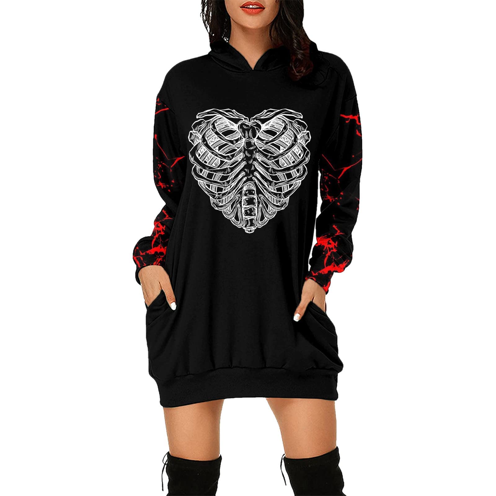 Women's Halloween Hooded Dress - Long Sleeve Vintage Mini Dress with Heart Print & Pockets | Casual Party Outfit for Costume Events, Trick or Treating & Spooky Celebrations