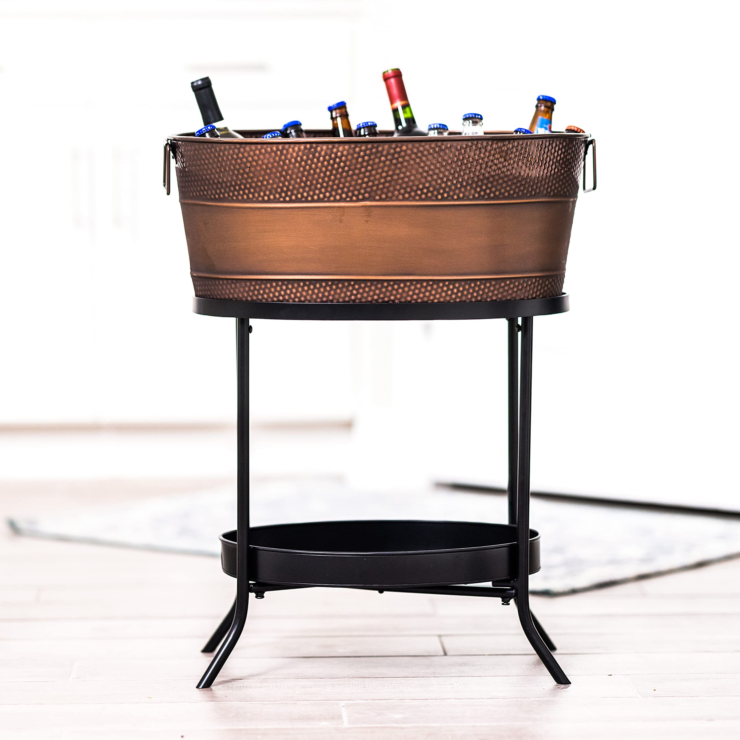BREKX 25 Quart Copper Finish Aspen Hammered Galvanized Beverage Tub with Stand - Perfect for Outdoor Parties, Picnics, and Chilling Drinks at BBQs