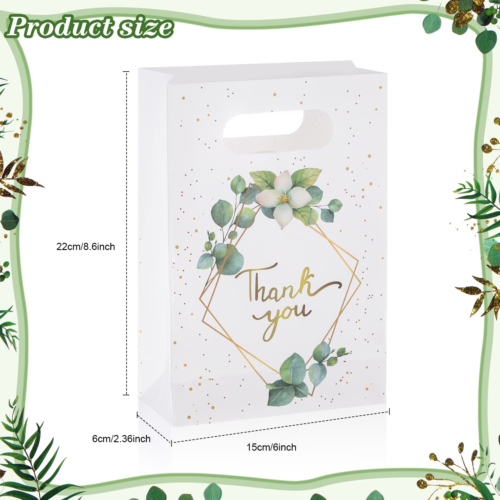 60 Pcs Greenery Eucalyptus Thank You Gift Bags with Handles - Bulk Paper Bags for Business, Party Favors, Wedding, Birthday, Boutique Merchandise | Perfect for Thank You Gifts, Event Favors & Retail Packaging