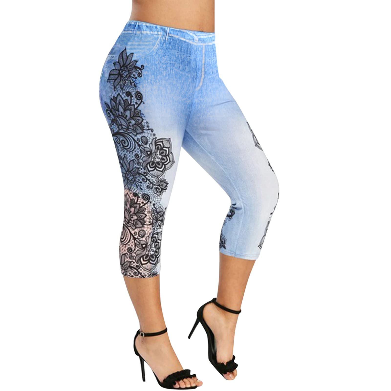KCocoo Women's Plus Size High Waisted Capri Leggings - Butt Lifting, Tummy Control Yoga Pants with Floral Calf Cut Out Design for Workout, Yoga & Casual Wear