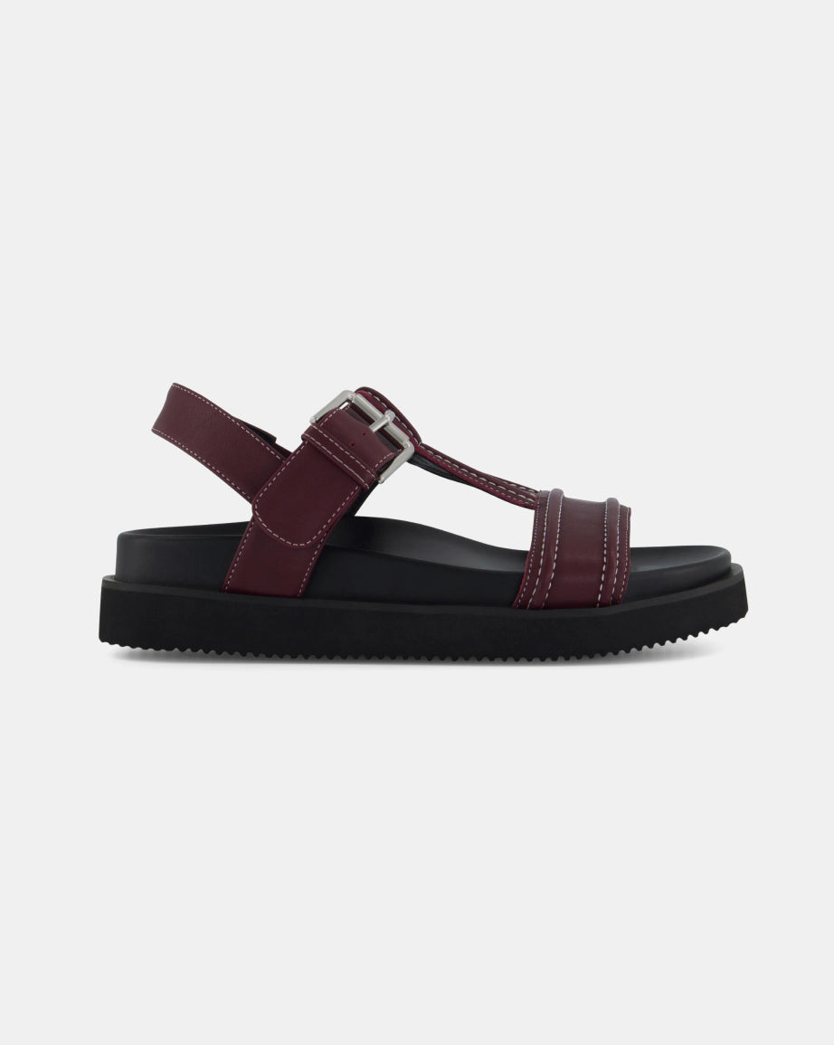 Visby T Bar Sandal - Women's Comfortable Leather Sandals with Cherry & Milk Topstitch Design | Perfect for Summer, Beach, and Casual Outings