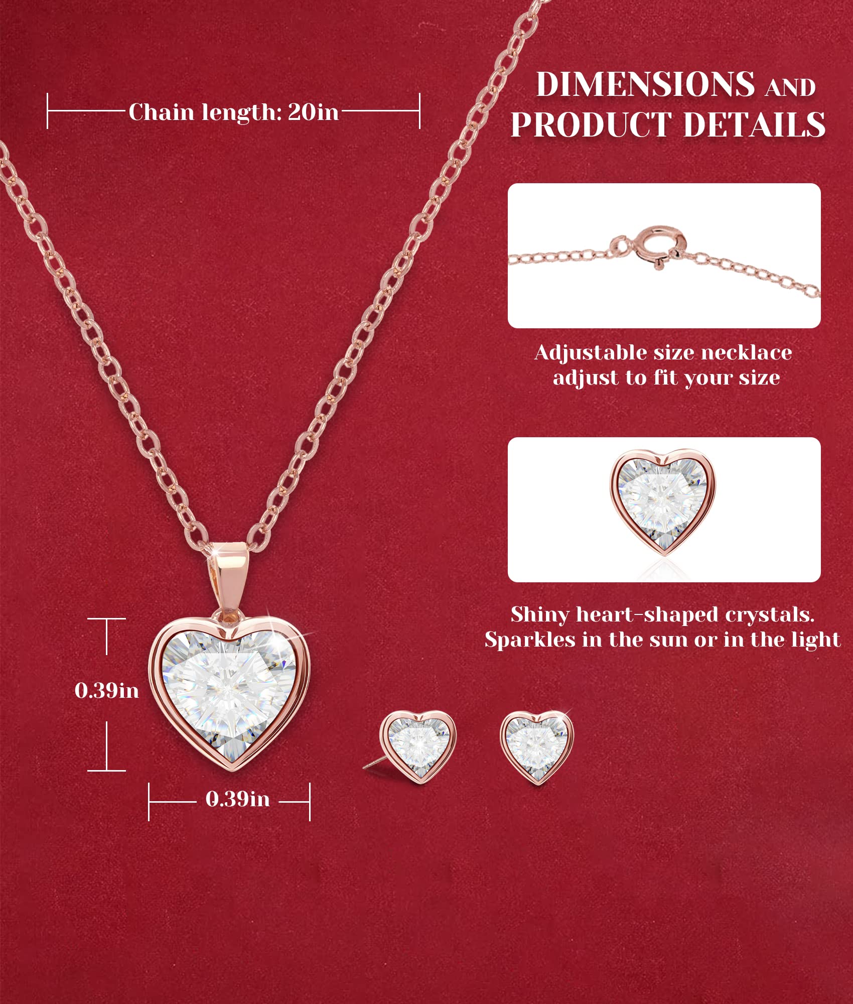 Rose Gold Plated Crystal Heart Necklace & Stud Earrings Set for Women - Elegant Jewelry Gift for Mother's Day, Birthday, Valentine's Day - Perfect for Date Night, Wedding, Anniversary & Special Occasions