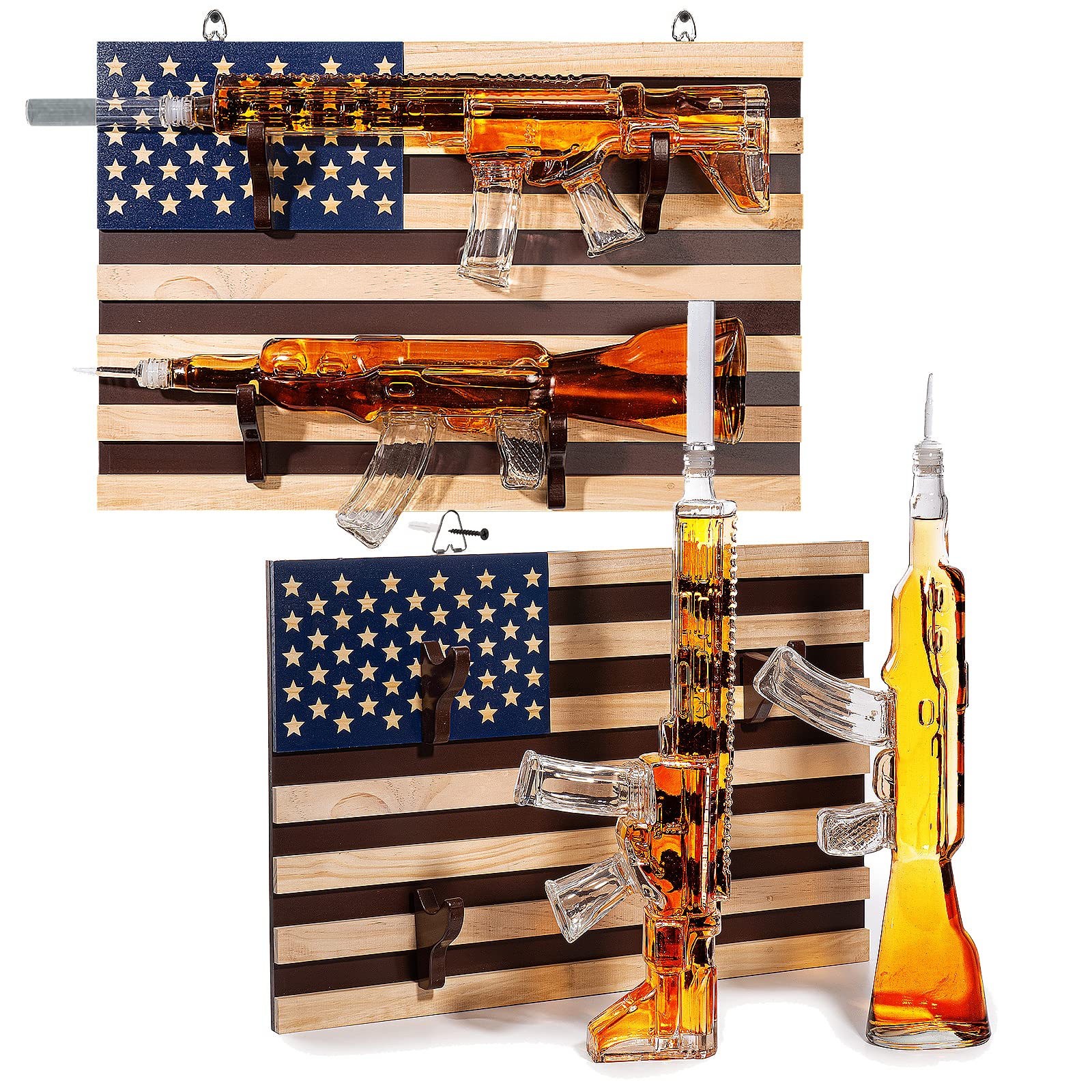 AR15 & AK47 Gun Whiskey Decanter Set - 1000ml Military-Themed Glass Decanters with American Flag Wall Rack - Unique Gifts for Men, Dad, Veterans & Gun Lovers - Perfect for Whiskey Tasting, Home Bar Decor & Military Appreciation Gifts