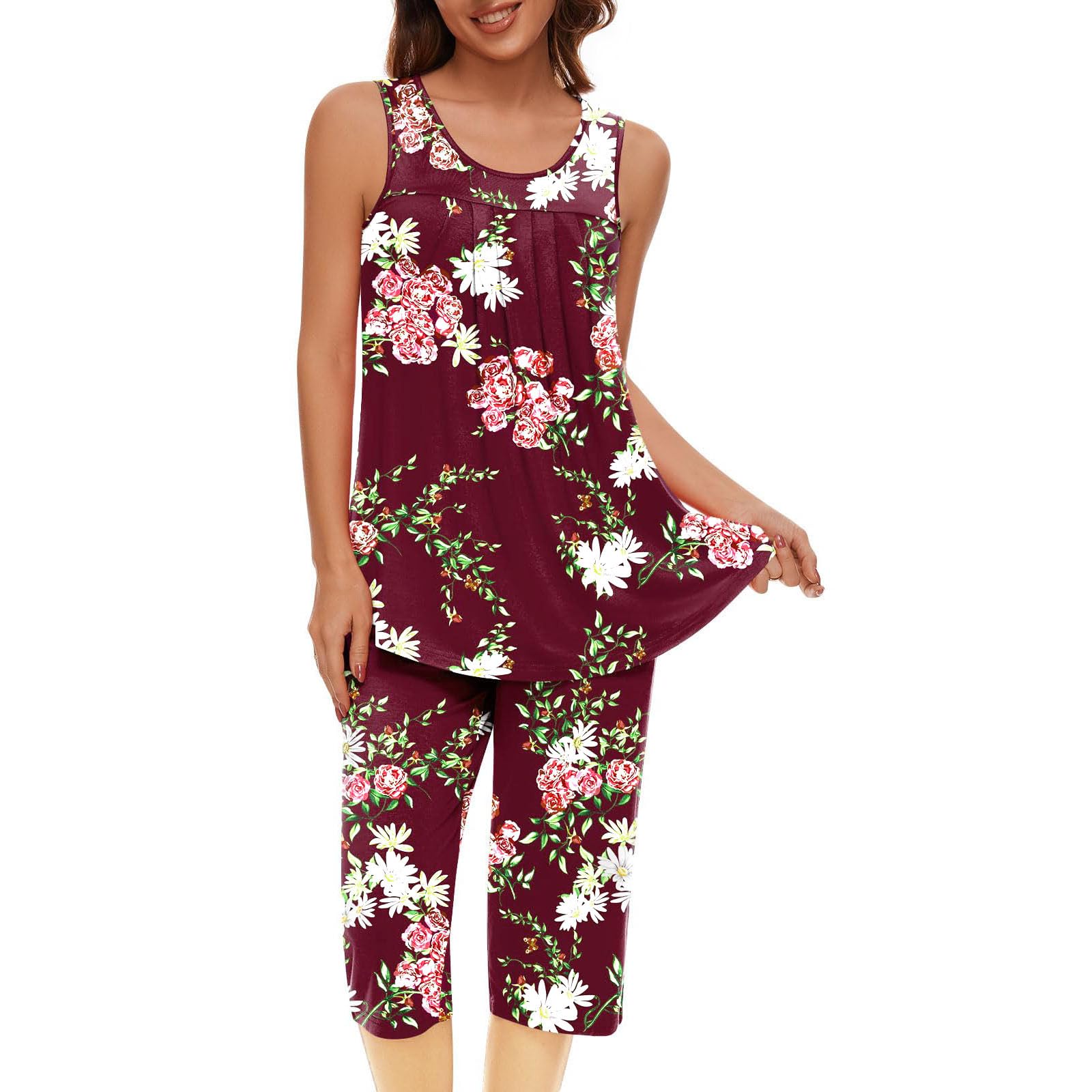 Women's Sleeveless Pajama Set with Pockets - Comfy Capri Sleepwear for Lounge & Travel