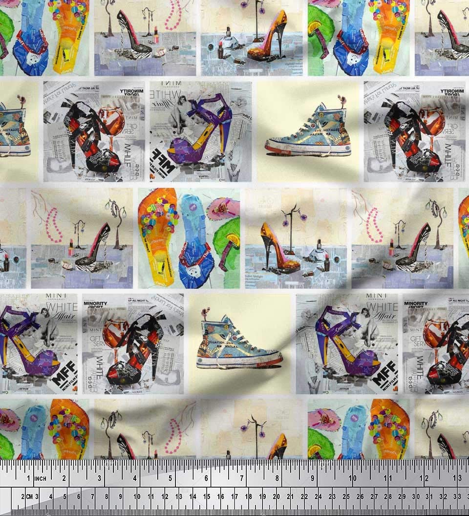 Soimoi Rayon Yellow Fabric by The Yard - 42 Inch Wide Printed Fabric for DIY Slippers, Shoes & High Heels - Fashionable Footwear-Inspired Patchwork Glam - Perfect for Sewing Projects, Costume Design, and Home Decor