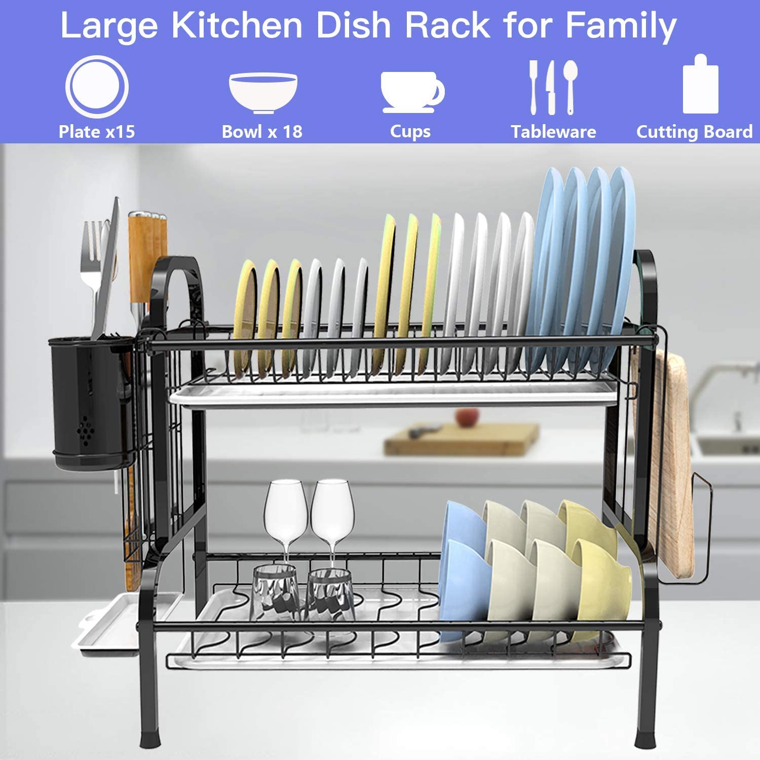 2-Tier Stainless Steel Dish Drying Rack with Drainboard & Cup Holder - Space Saving Kitchen Counter Organizer for Plates, Bowls & Utensils | Perfect for Small Kitchens, Apartments & RVs