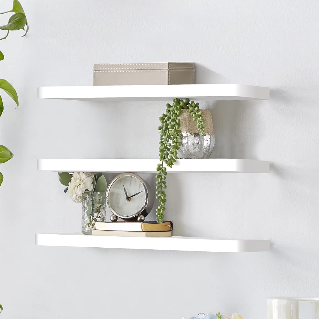 3-Pack White Floating Wall Shelves - Modern Storage & Display Shelves for Living Room, Bedroom, Office - Perfect for Organizing Books, Photos, Decor & Plants (White) | Space-Saving Home Decor Solution